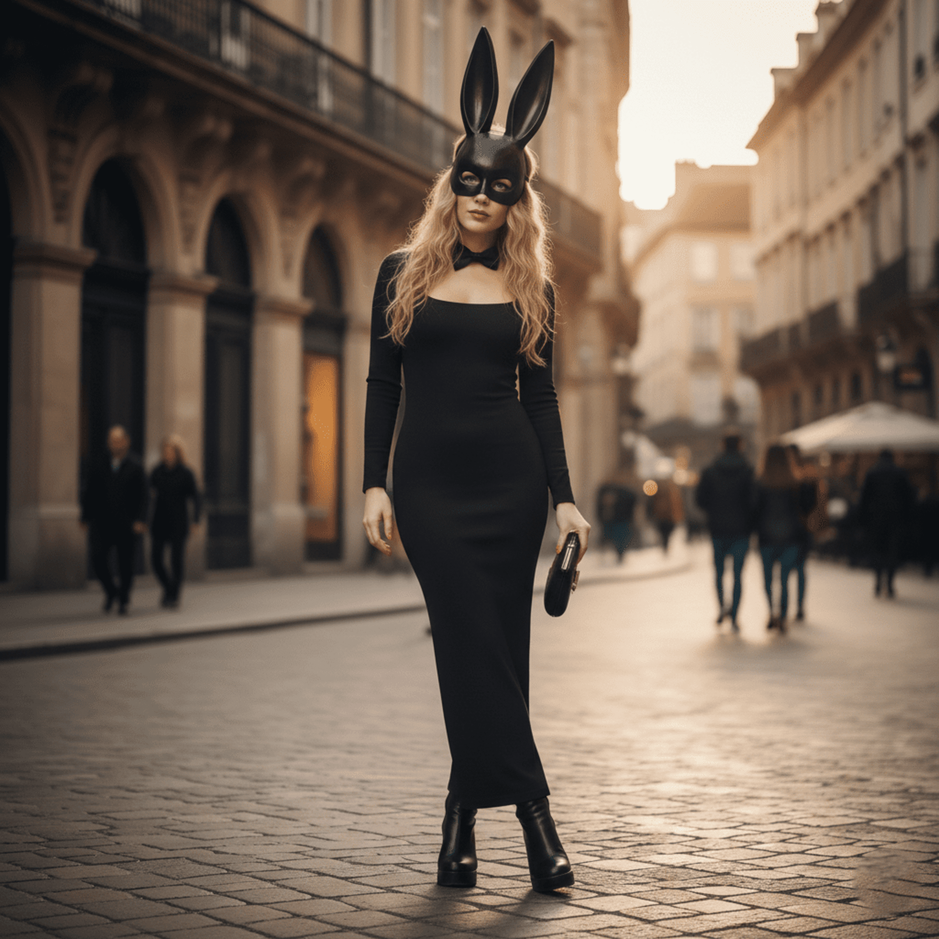 Vestido Largo Negro Disfraz Conejita Sexy con Máscara y Pajarita para Halloween - 9