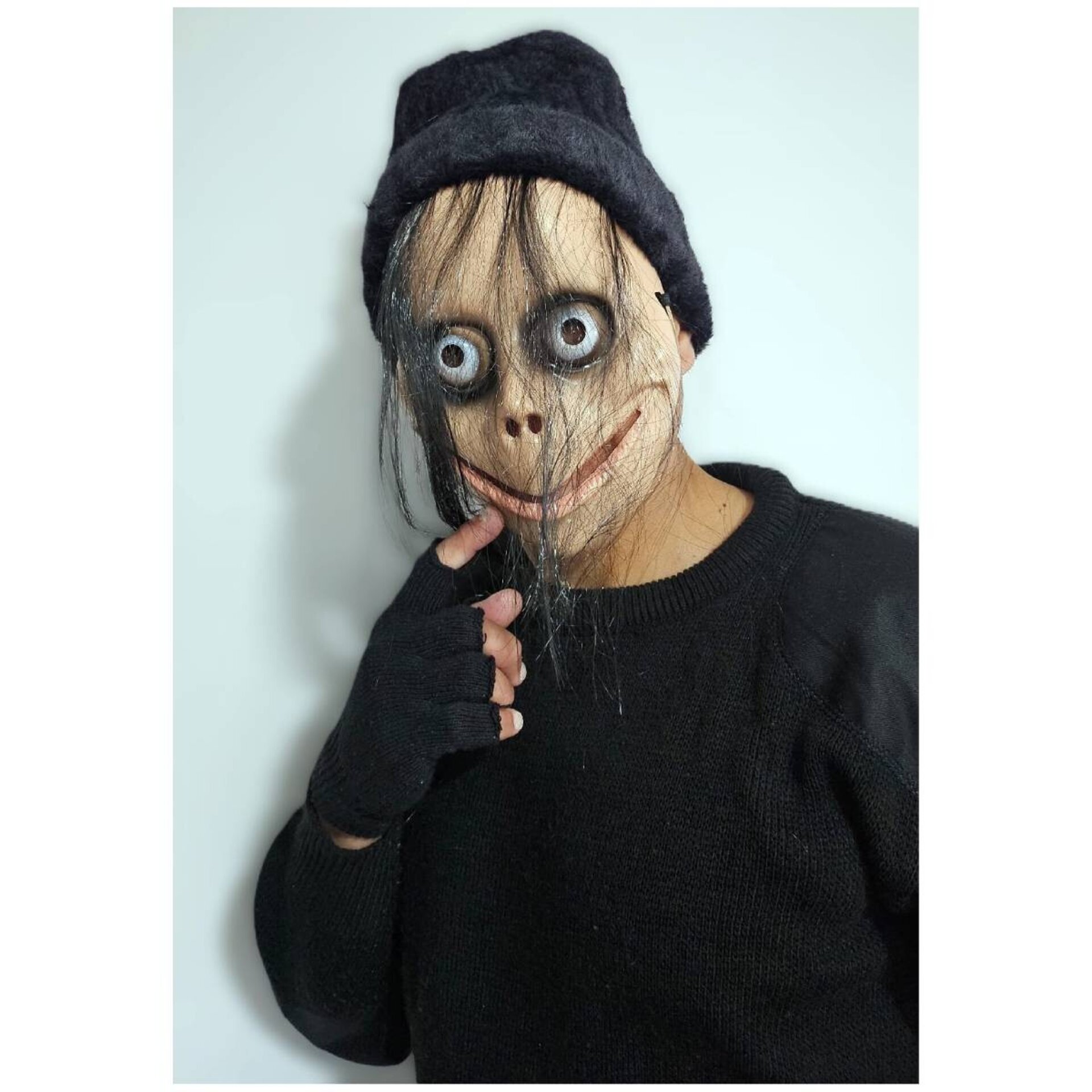 Máscara de Momo con pelo Guantes, Gorro Negro para Adulto - 3