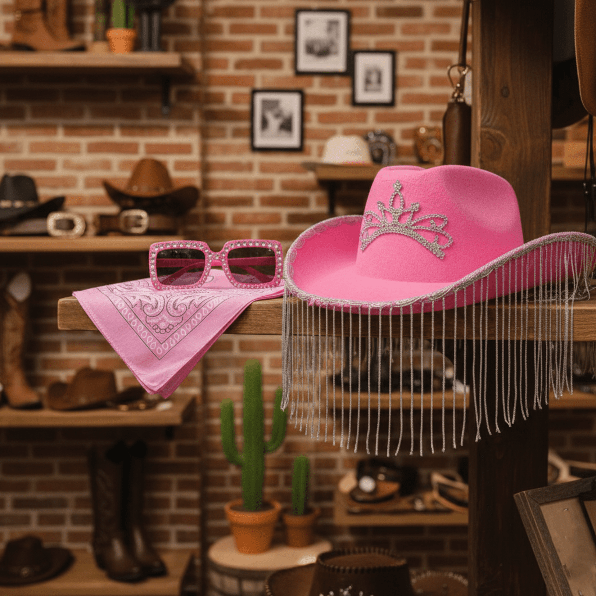 Pack Disfraz Vaquera Rosa: Sombrero Cowgirl con Flecos Brillantes Gafas Bandana - 4