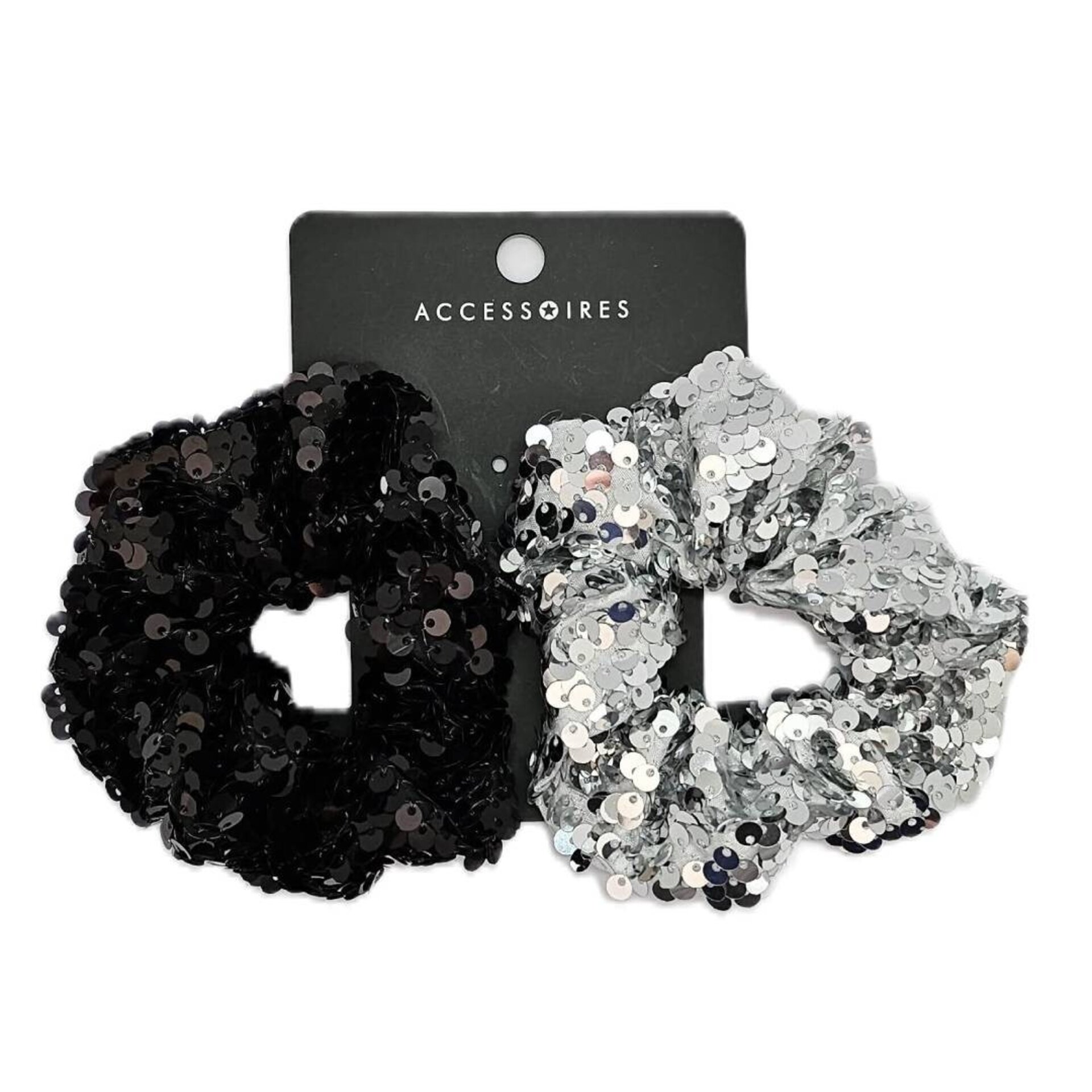 2 Scrunchie de lentejuelas Negro Plata Coletero Elastico para Cabello - 2