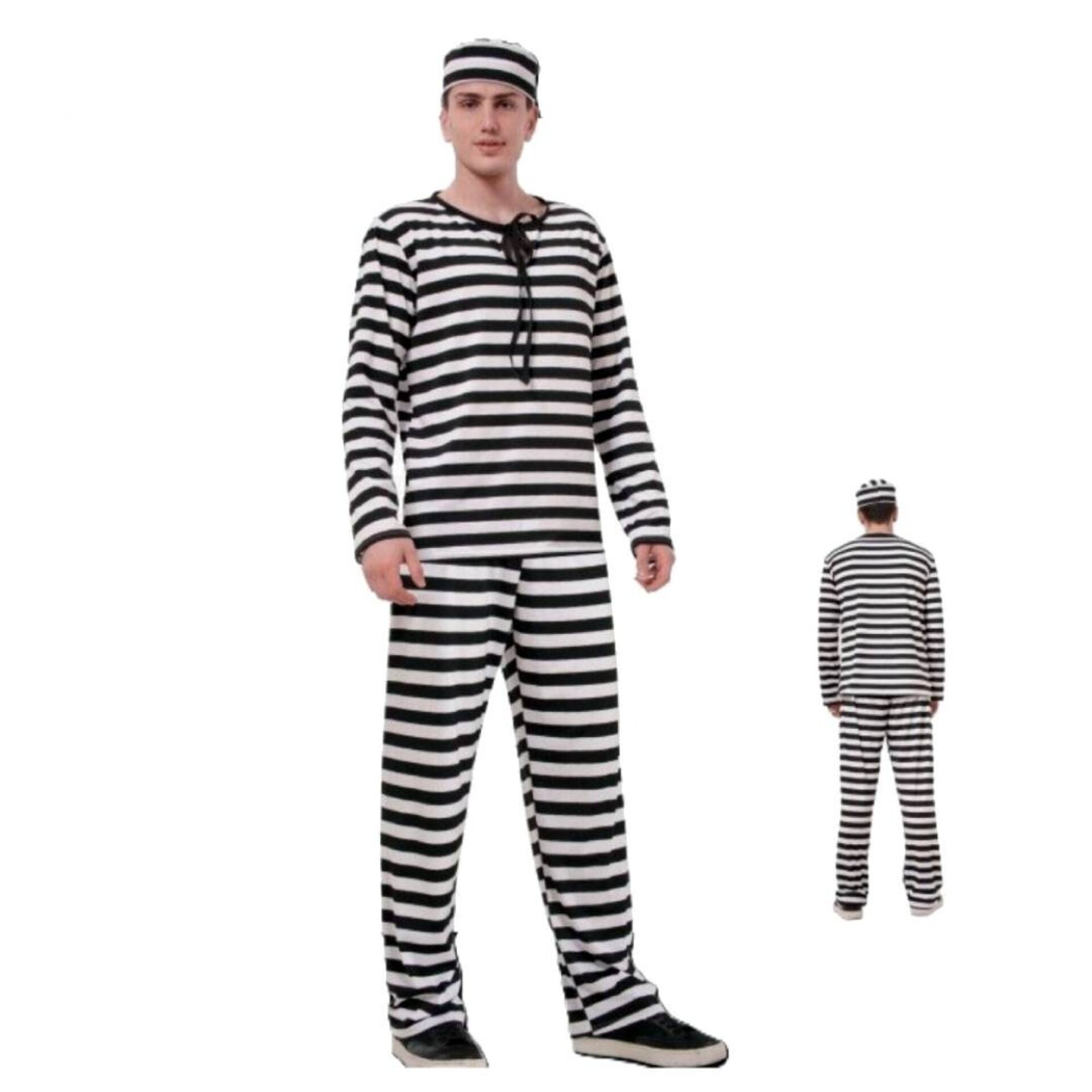 Disfraz Clásico Prisionero Adulto Preso | Rayas Blanco/Negro + Gorro y Esposas - 2