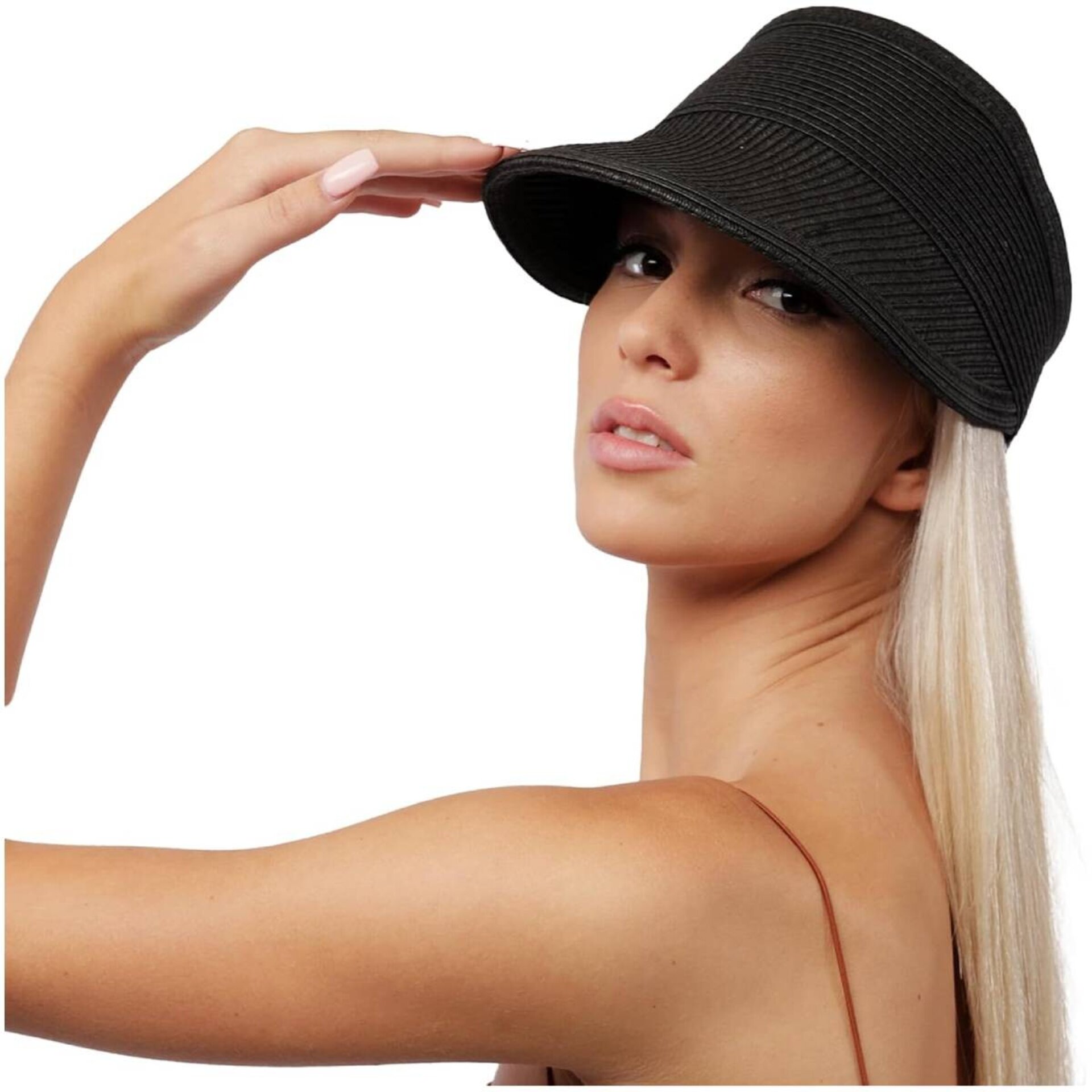 Sombrero para Mujer Pamela de Verano Visera con ala ancha Gorra de paja Negro - 2