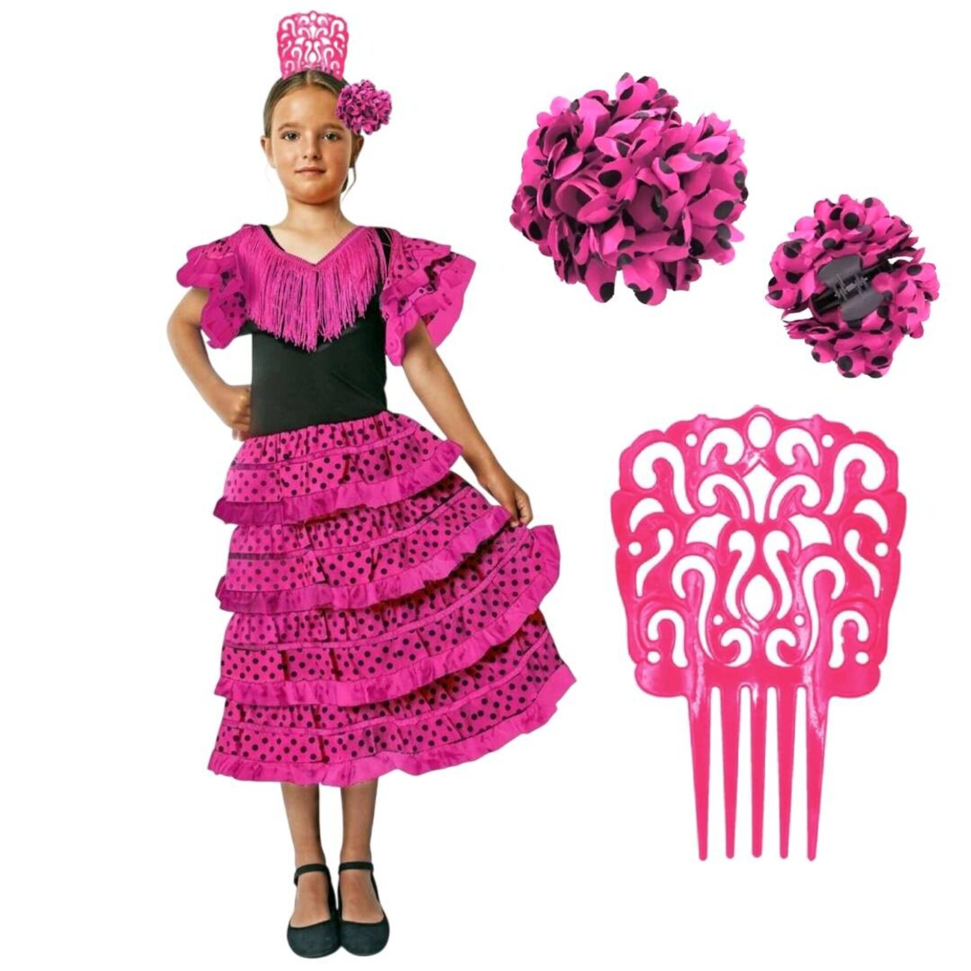 Vestido Flamenca Niña Fucsia y Negro - Traje de Sevillana con Flor y Peineta - 5