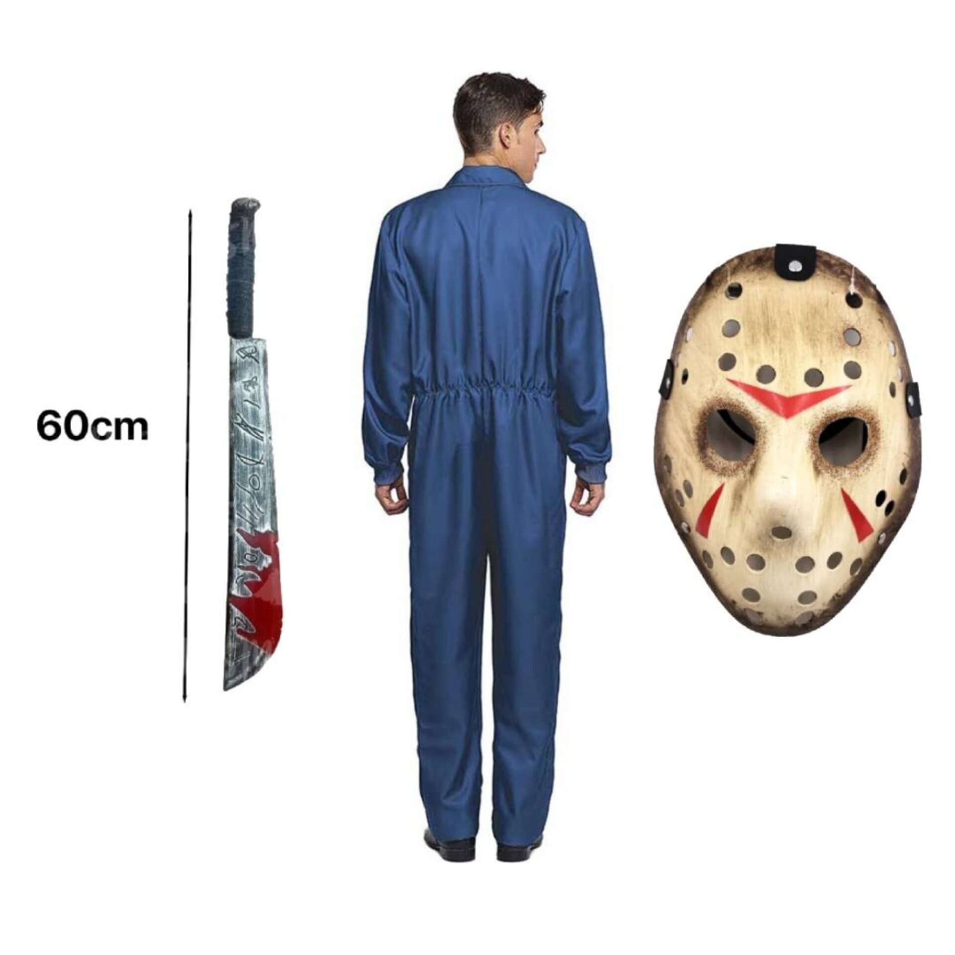 Disfraz de Terror de Jason Voorhees. Mono y Máscara de Hockey con Machete Falso. - 2