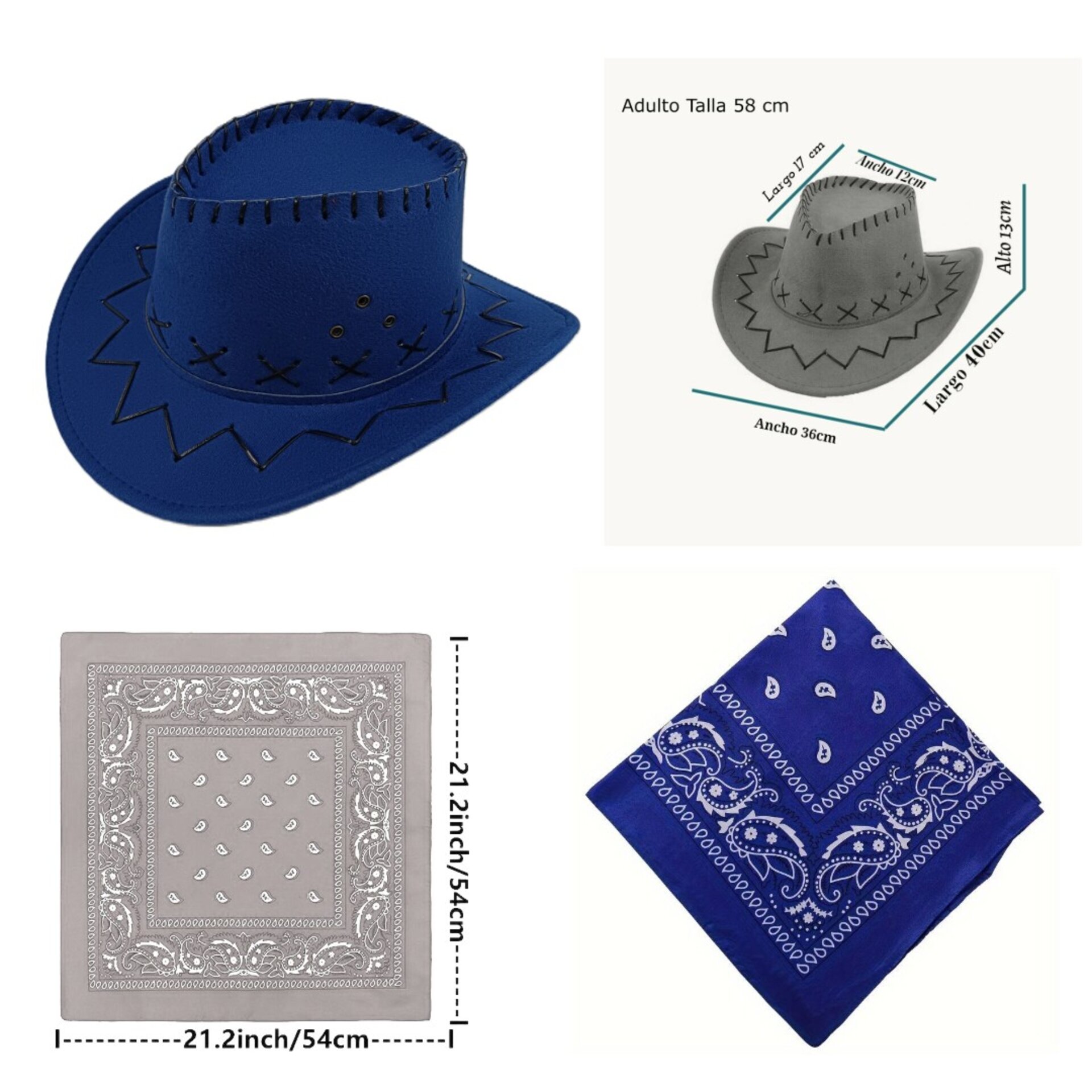 Sombrero Cowboy Cowgirl de Vaquero con Pañuelo Bandanas Azul - 6
