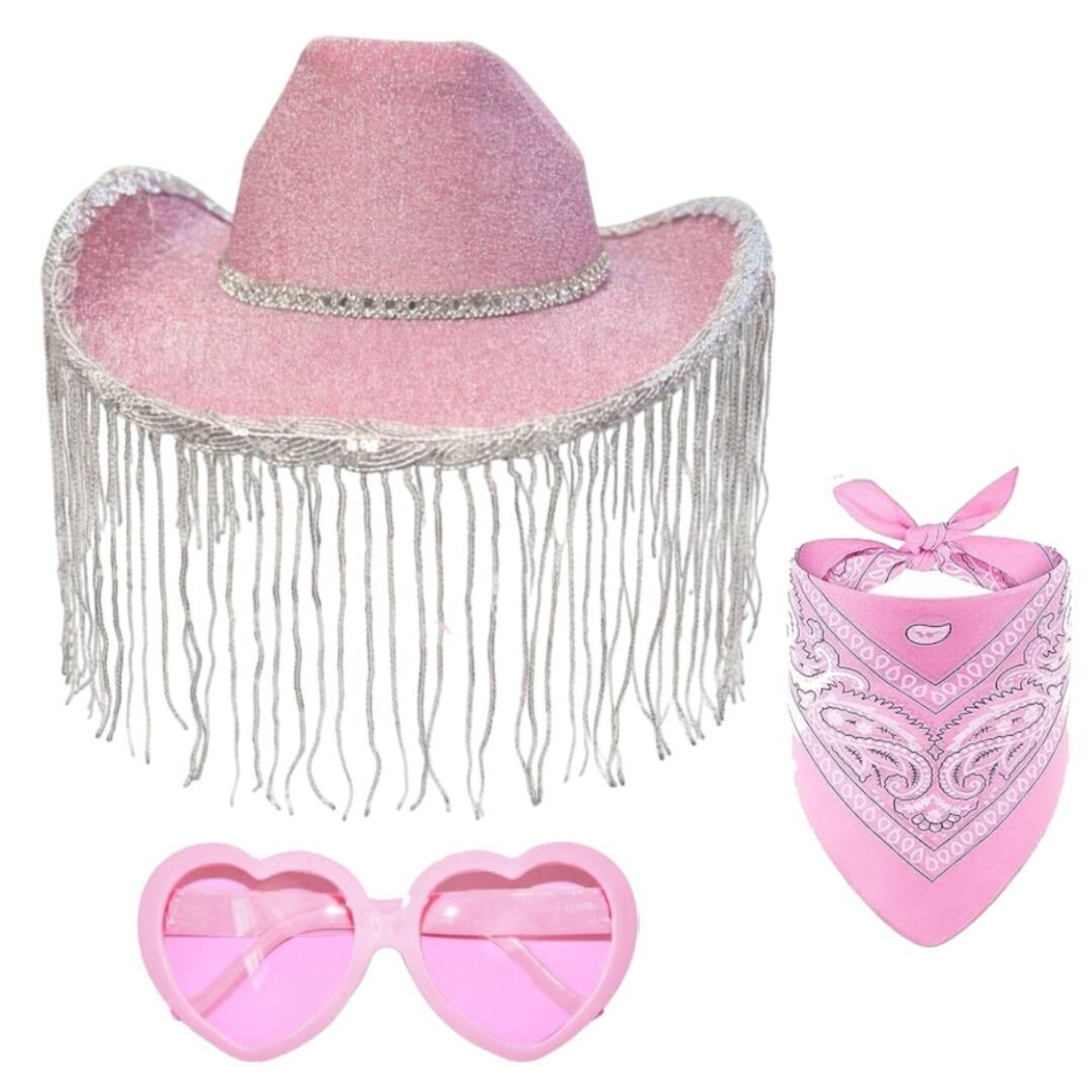 Pack 3 Piezas Disfraz Cowgirl Rosa para Mujer - Sombrero de Vaquera con Brillos - 2