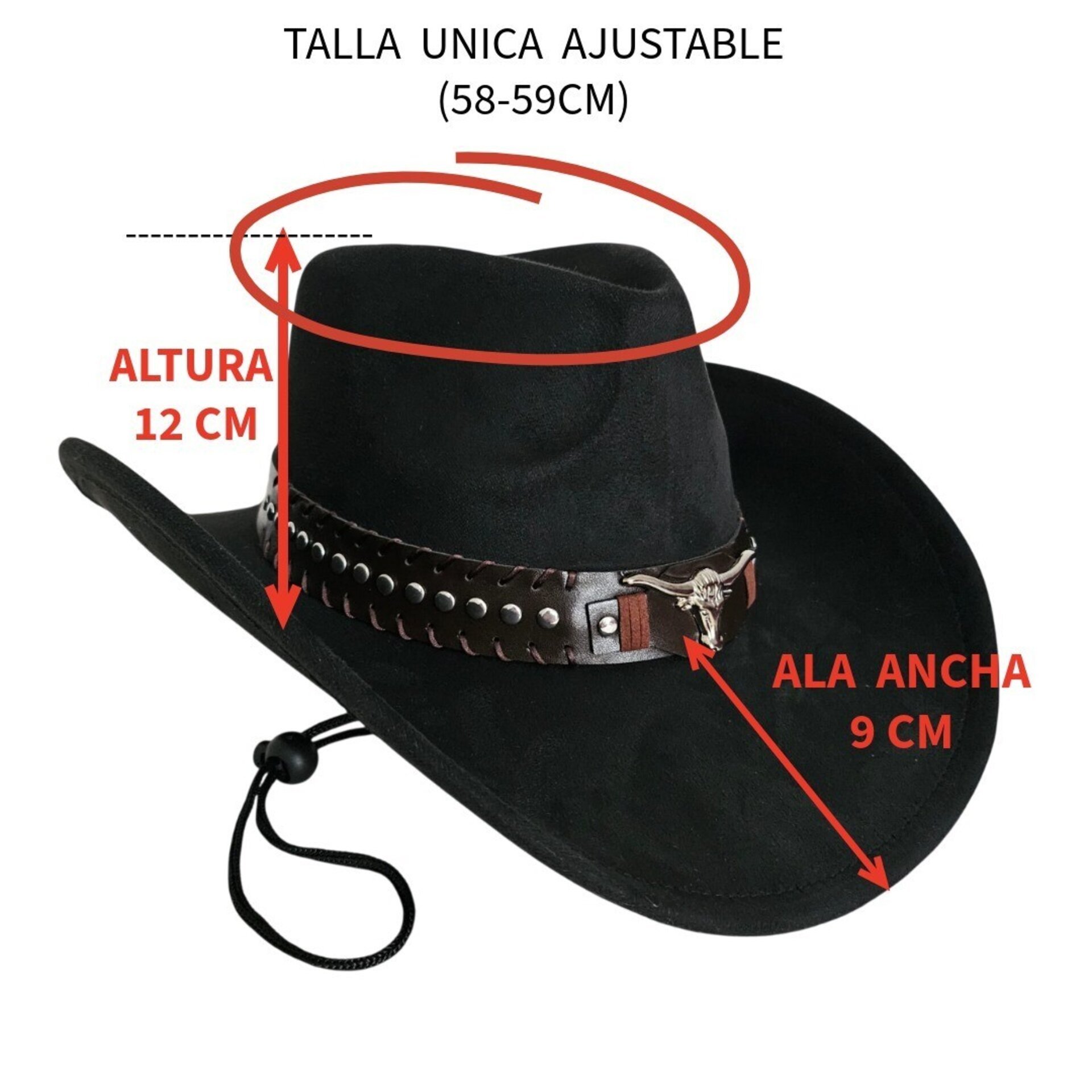 Sombrero Vaquero Cowboy | Estilo Western de Ala Ancha | Negro Gamuza Sintética - 6
