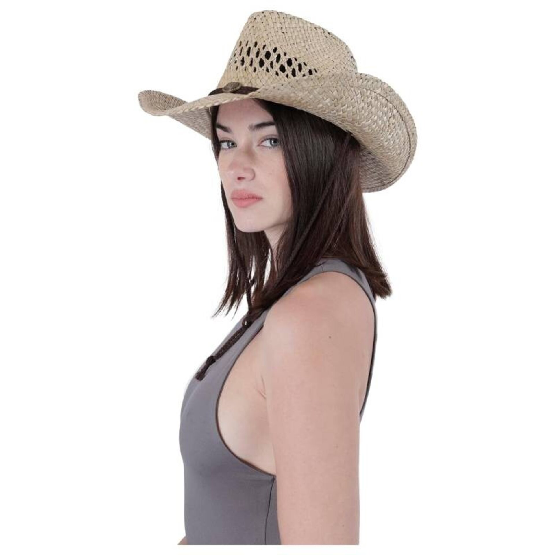 Sombrero de paja natural Cowboy ajustable Unisex para adulto Talla 57-58CM - 2