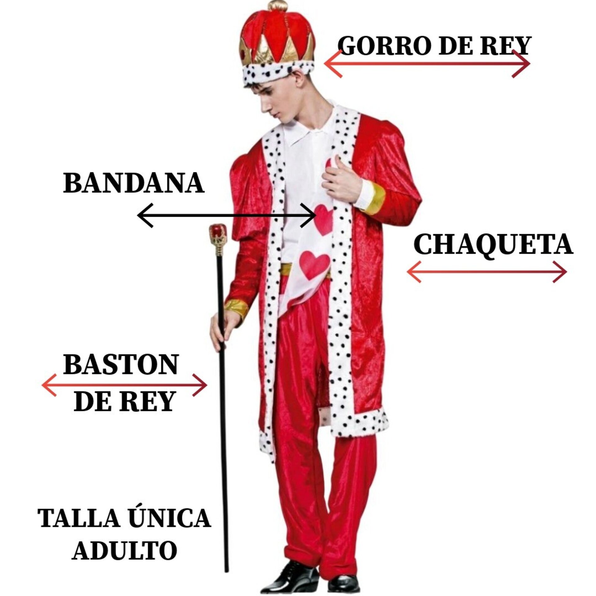 Disfraz Rey de Corazones Adulto Chaqueta, Pantalón, Banda, Gorro, Baston de Rey - 3