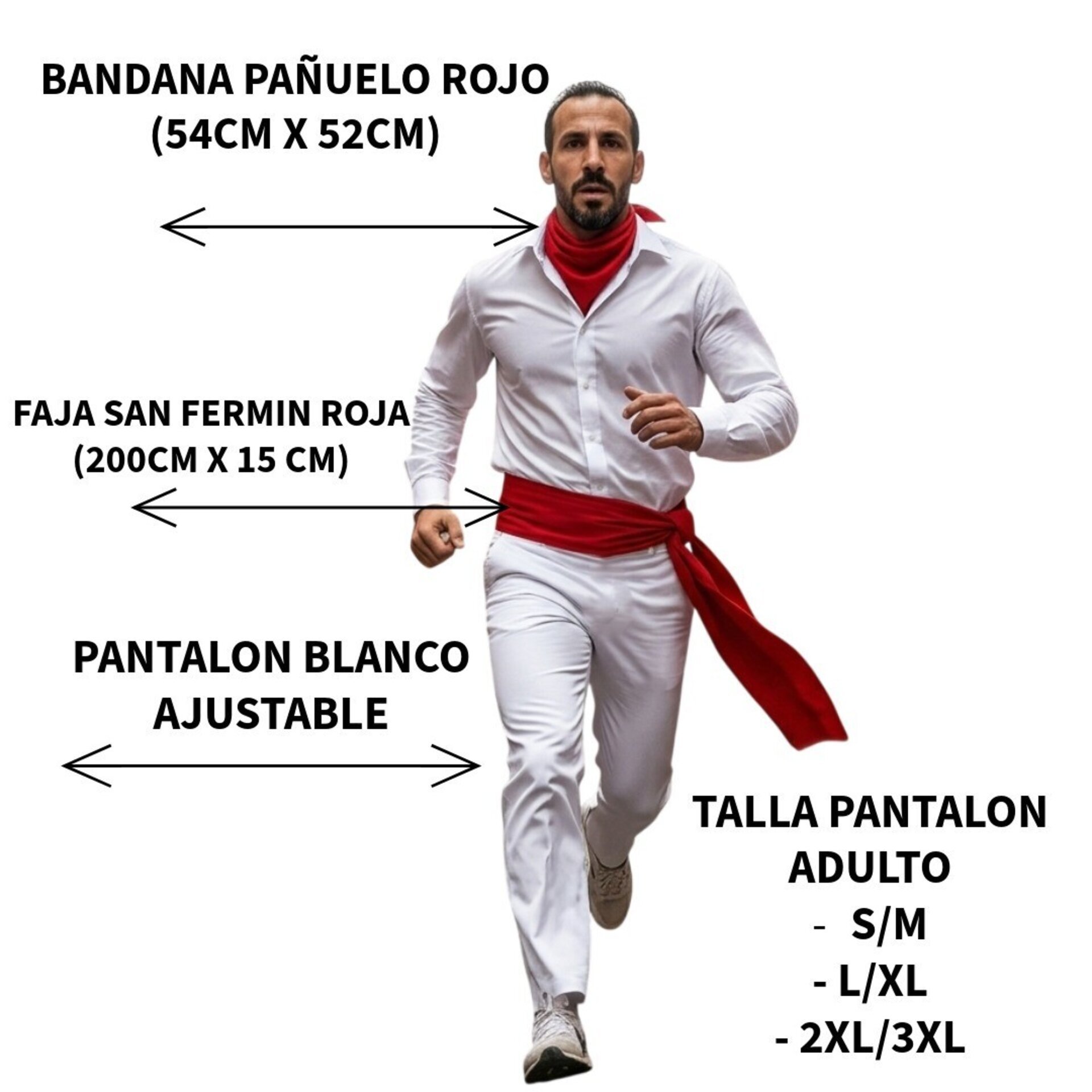 Traje San Fermín Adulto: Pantalón Blanco Ajustable + Faja Roja (200cm) + Pañuelo - 10