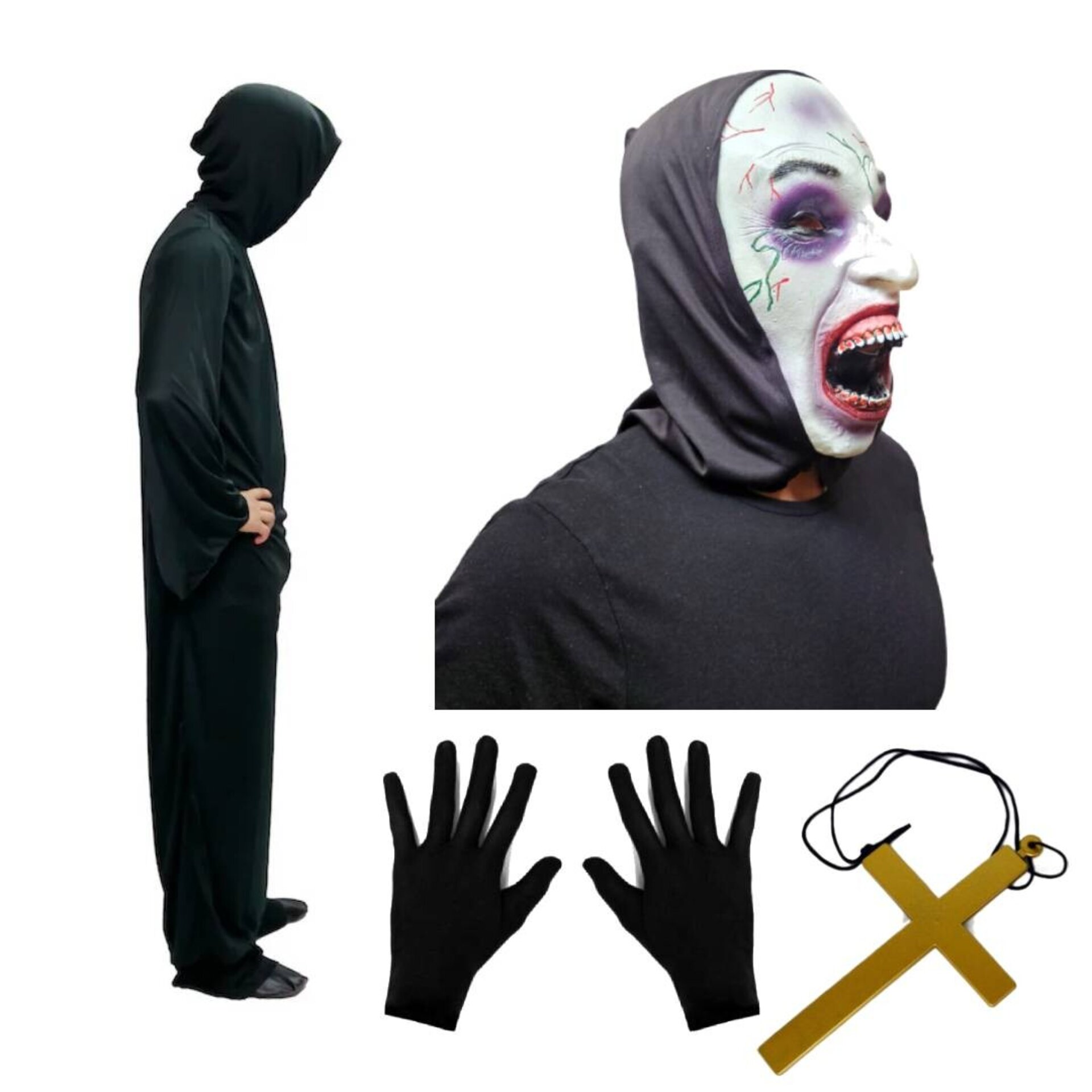 Disfraz Monja Poseída Película Terror Túnica Máscara Látex, Guantes Cruz. Adulto - 10