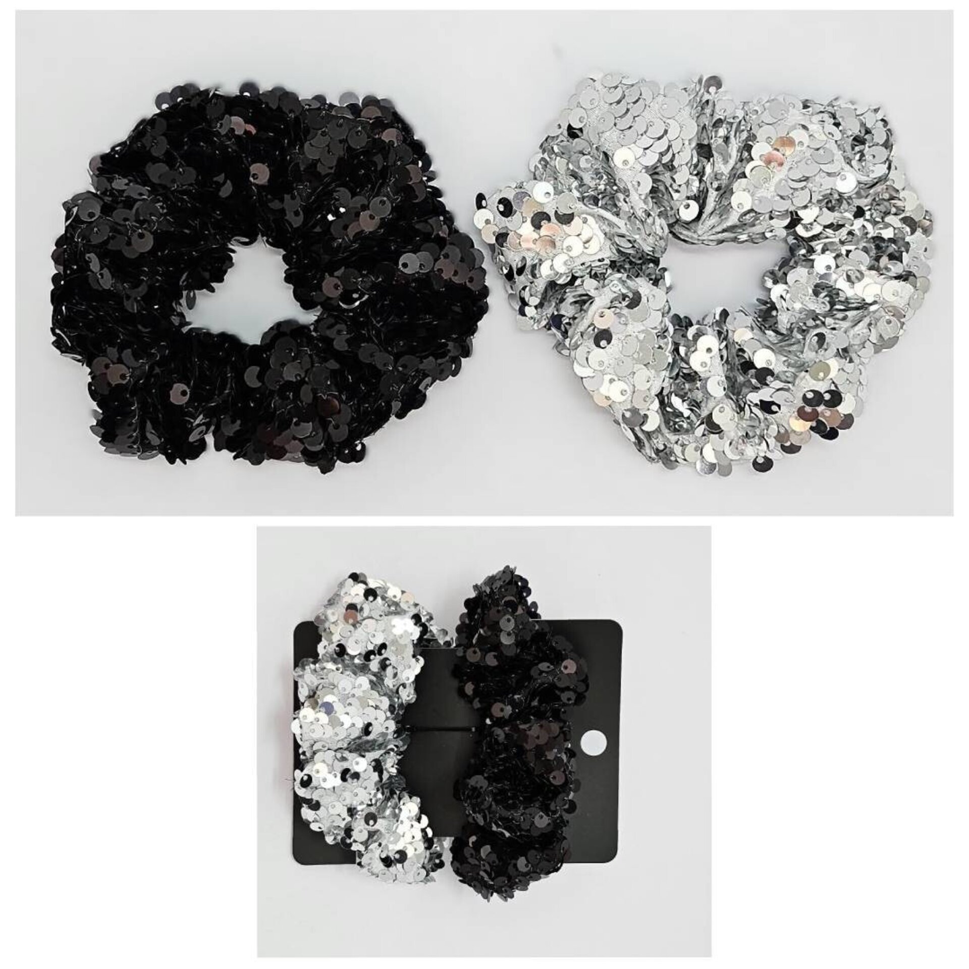 2 Scrunchie de lentejuelas Negro Plata Coletero Elastico para Cabello - 4