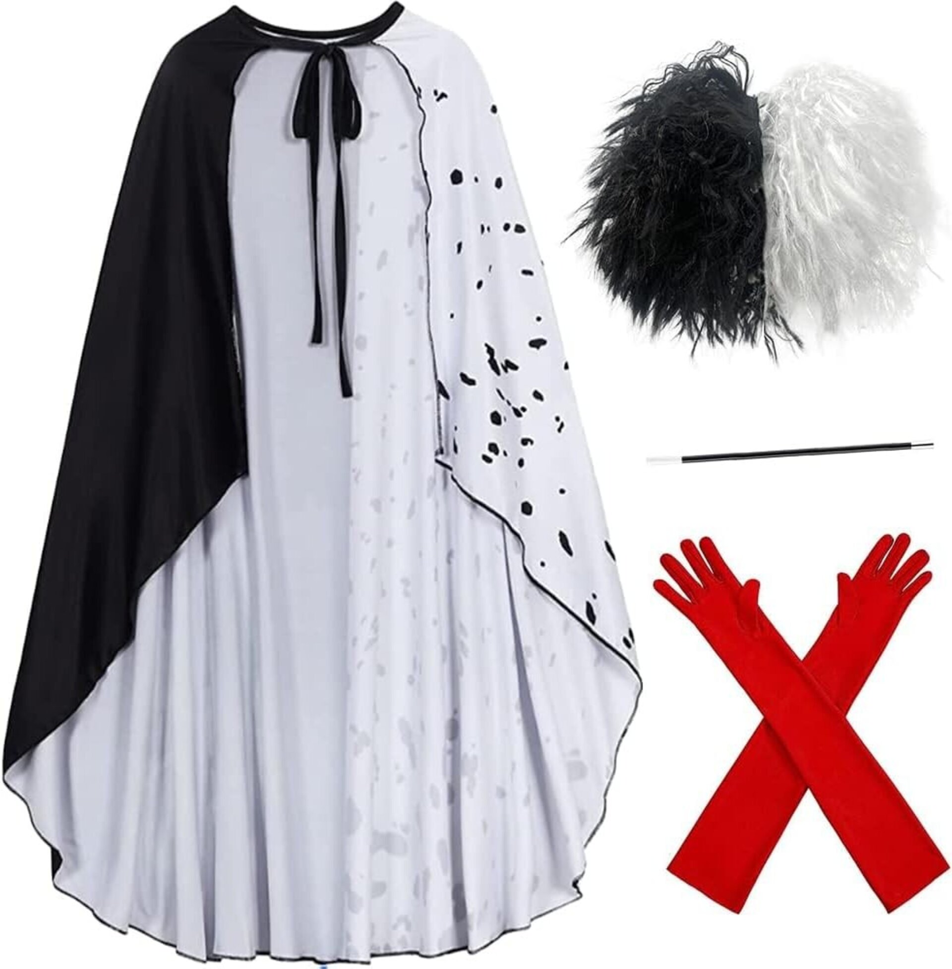 Cruella de vil Disfraz Capa con Peluca Guantes y Cigarro Varita para Mujer - 7