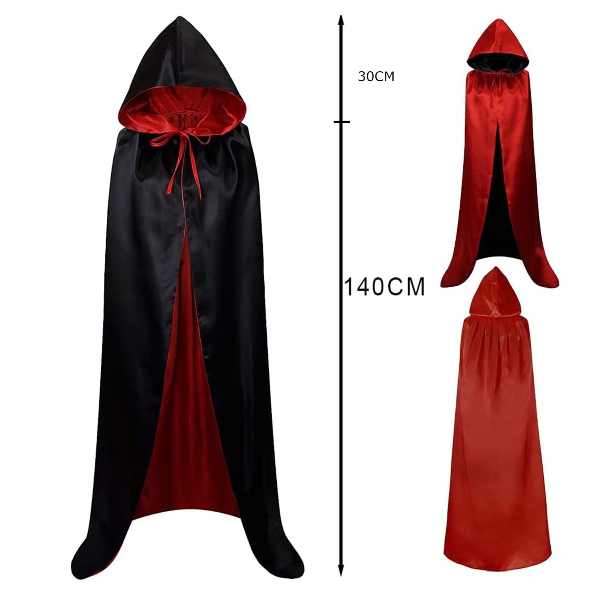 Capa Medieval con capucha Reversible doble cara en Negro y Rojo para disfraz - 7