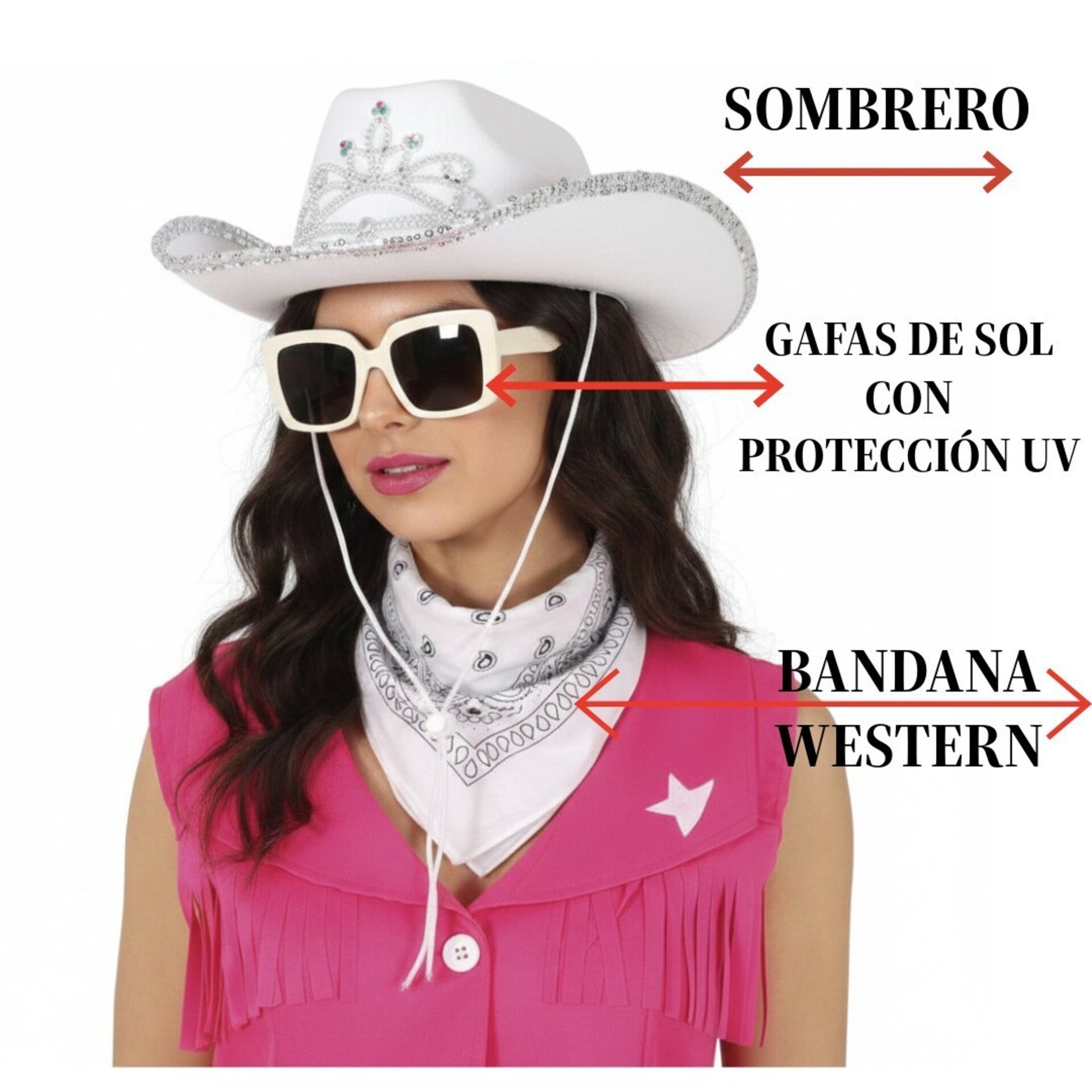 Set de 3pcs Disfraz Vaquera Blanca Lujo - Sombrero Cowboy Gafas de sol y Pañuelo - 9