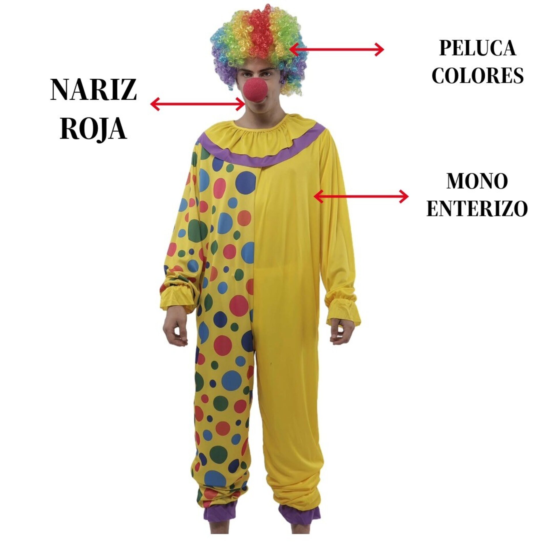 Disfraz Payaso de Circo Hombre Adulto Mono Enterizo con Lunares Peluca Nariz - 8