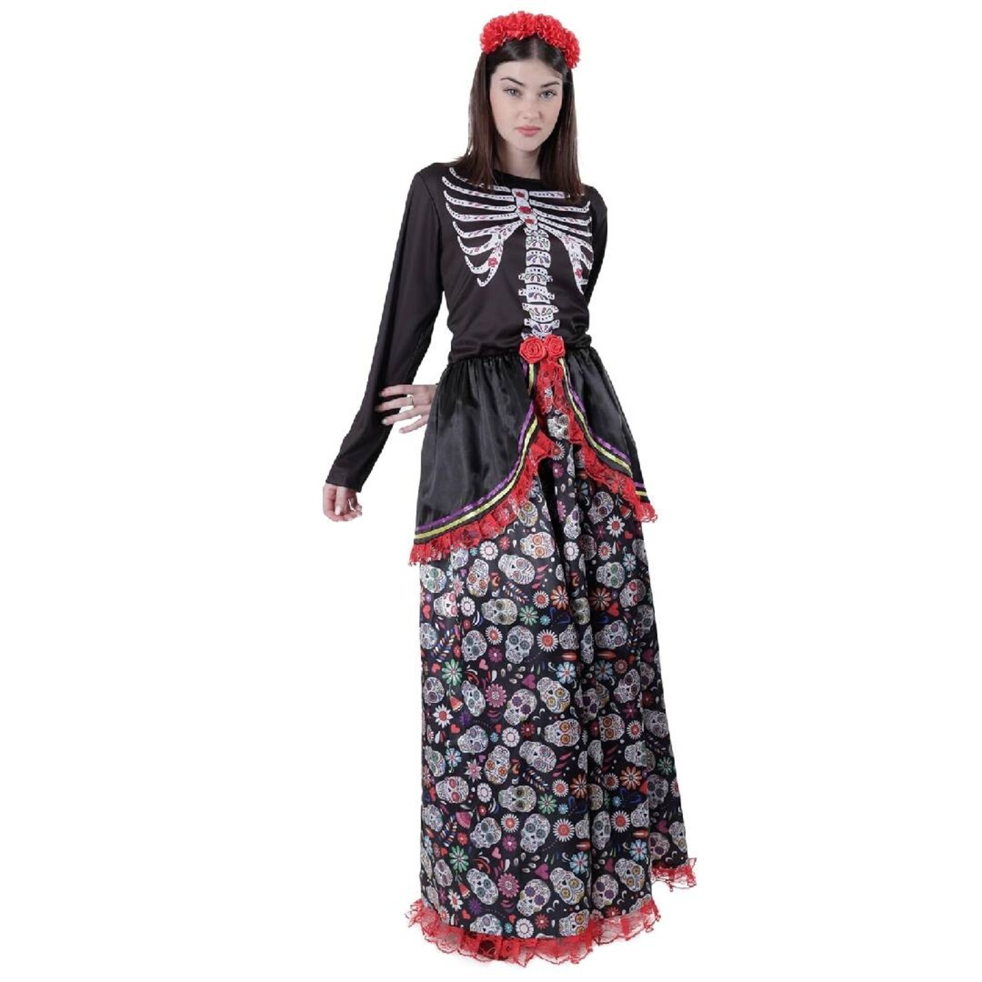 Disfraz de Catrina para Mujer Adulto - Vestido Largo Calaveras y Diadema de Flor - 1