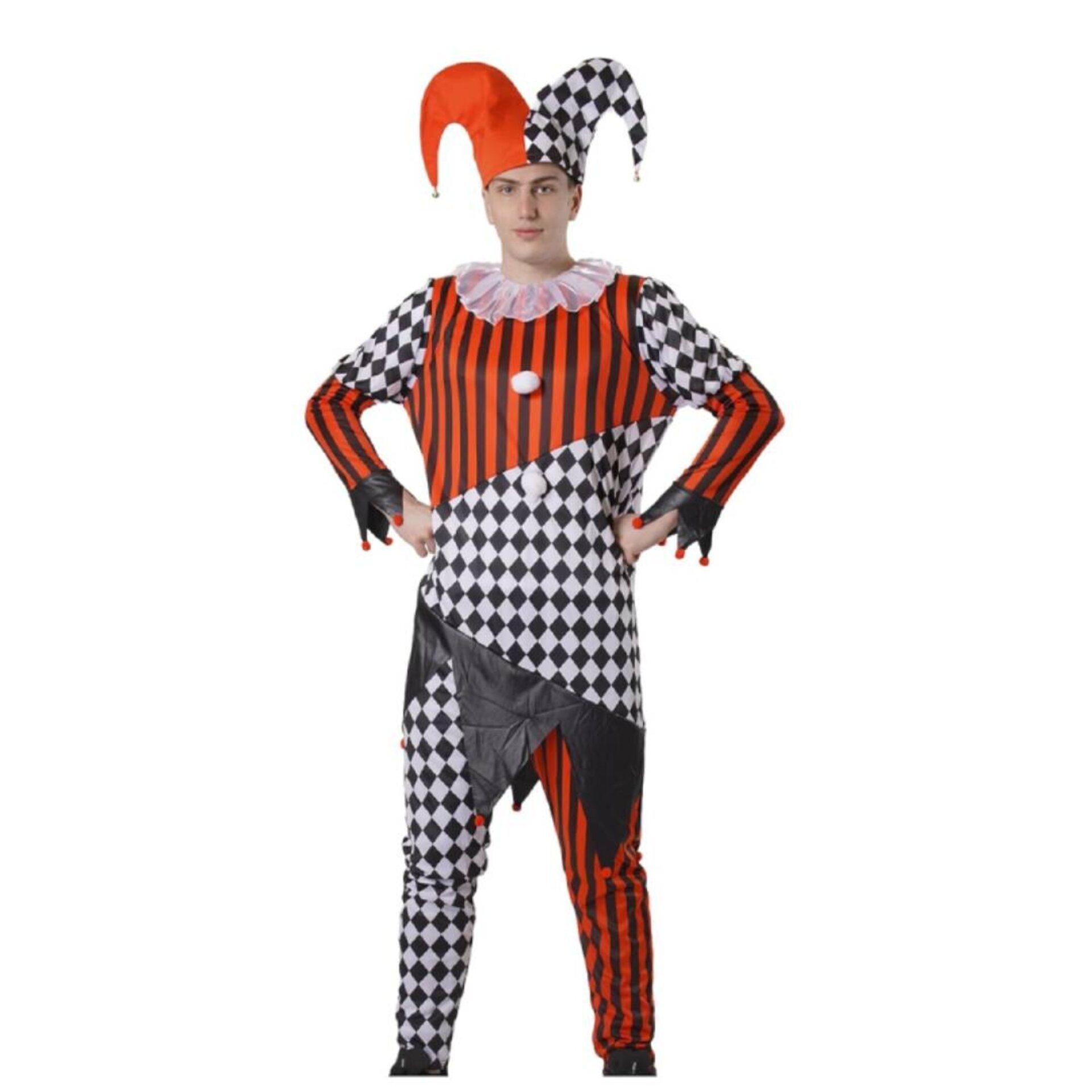 Disfraz Payaso Arlequín Circo Bufón Hombre Mono y Gorro Estampado Rombos - 3