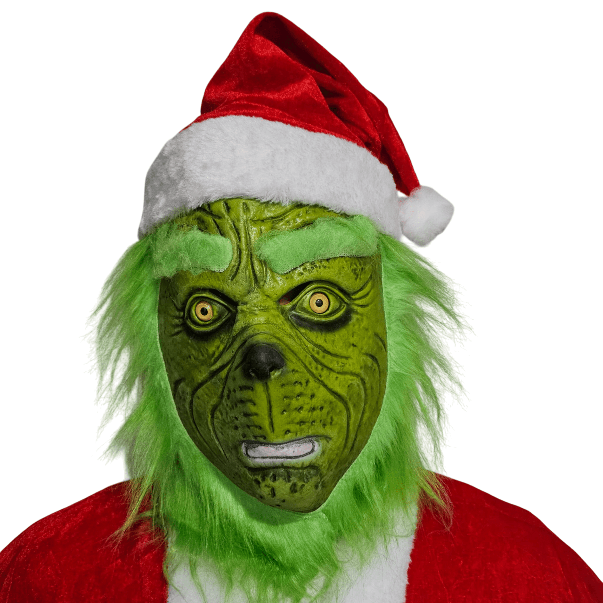 Conjunto de Disfraz del Grinch Mascara Látex, Gorro de Navidad y Guantes - 6