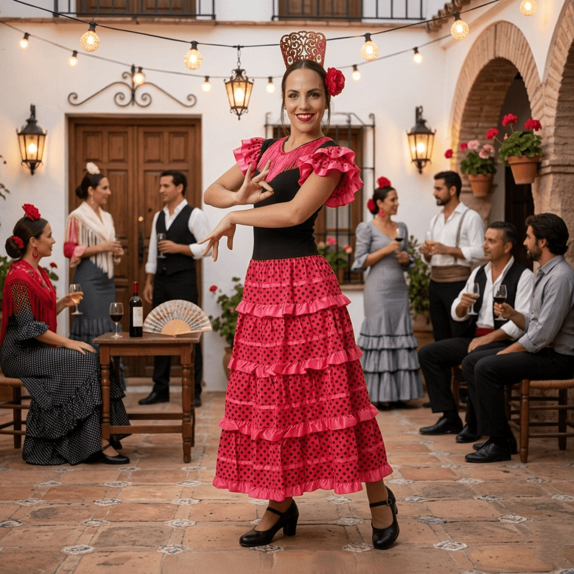Disfraz de Flamenca Sevillana Mujer Negro y Fucsia con Lunares | Vestido Español - 3