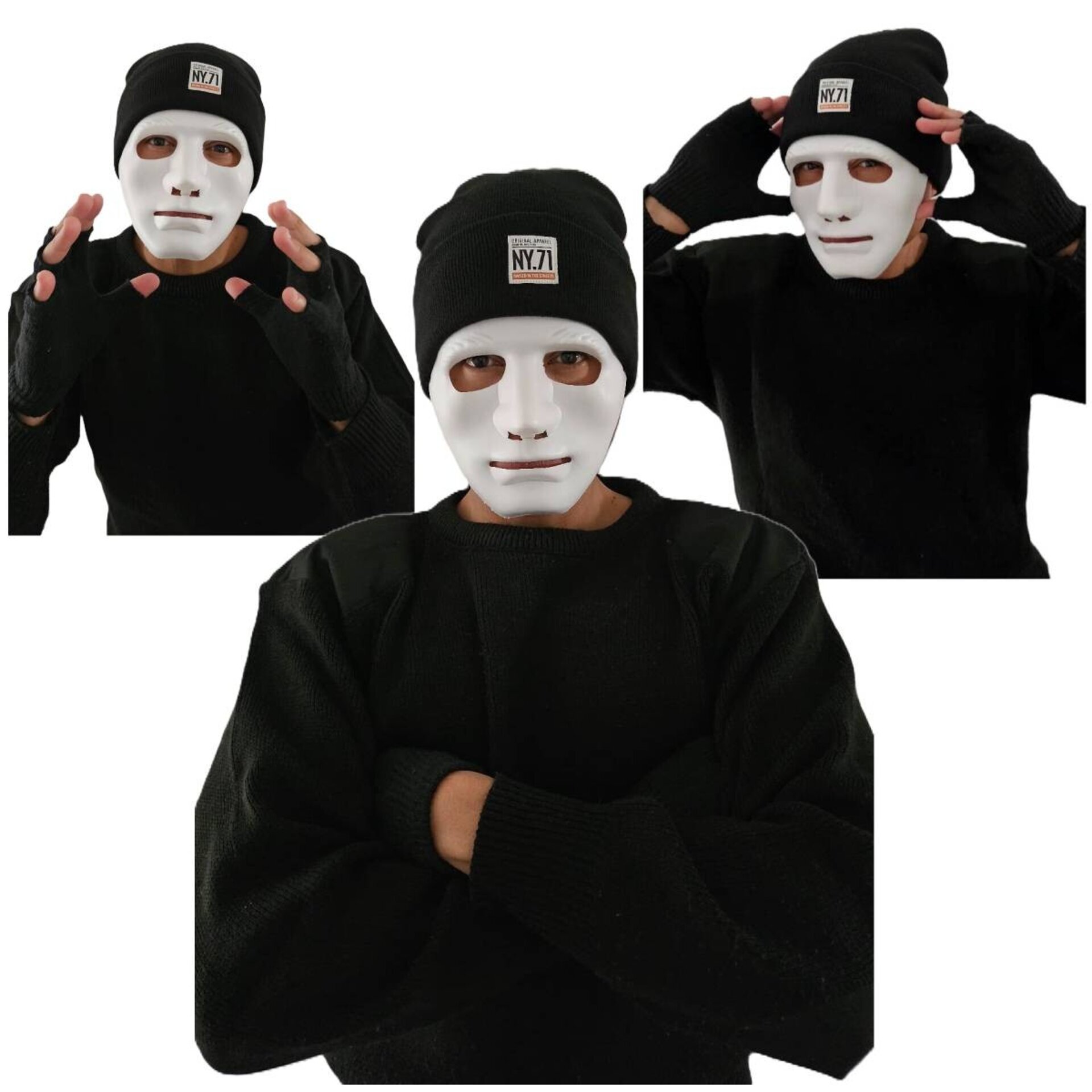 Set Disfraz Ladrón Hacker Hip Hop | Máscara Blanca, Gorro Negro, Guantes | - 3