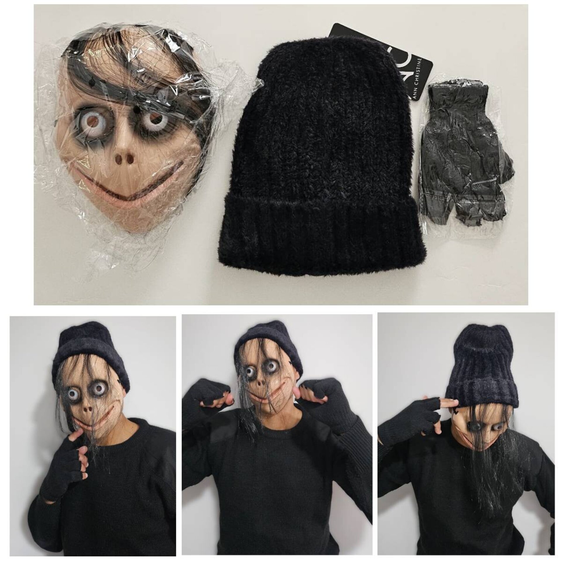 Máscara de Momo con pelo Guantes, Gorro Negro para Adulto - 6