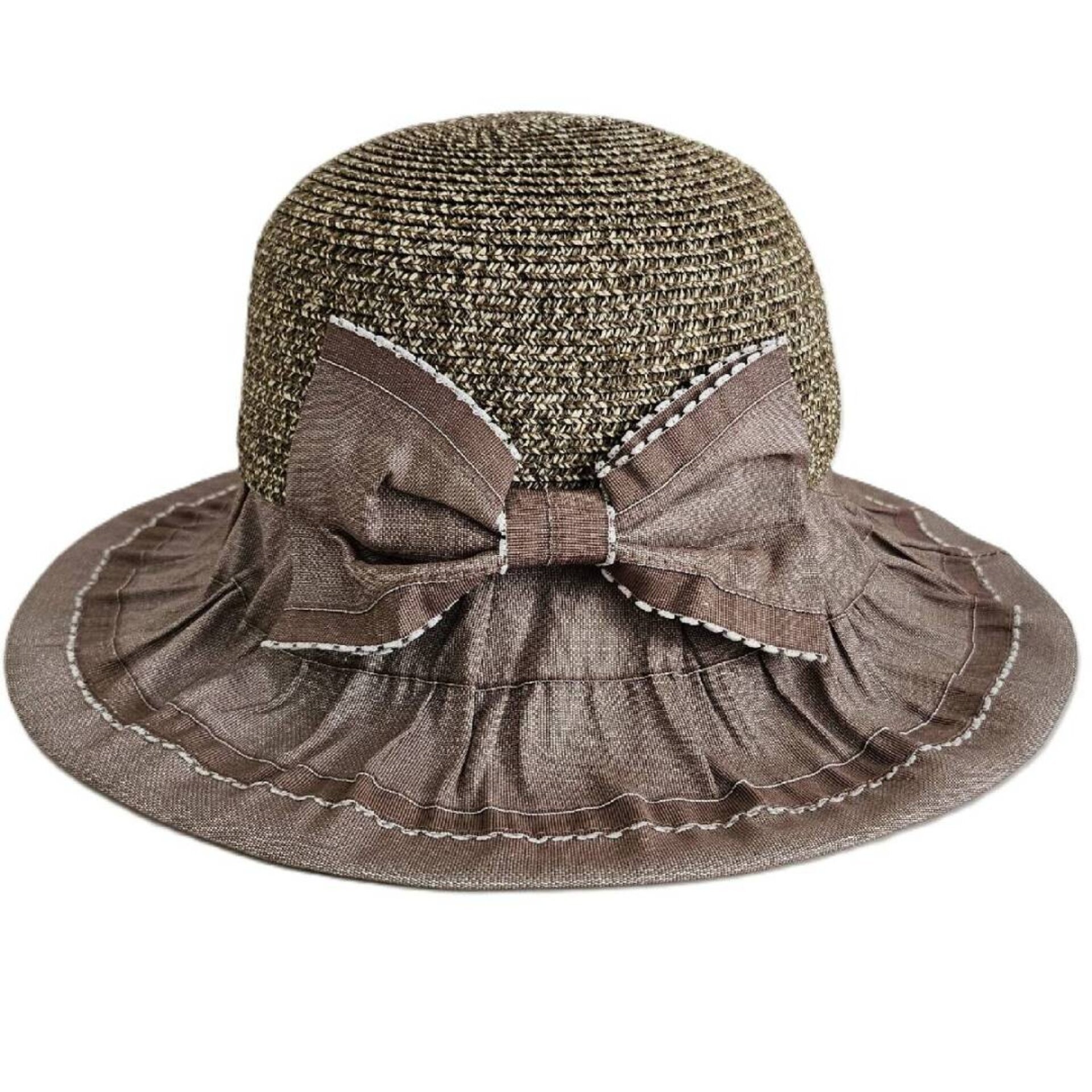 Sombrero de Paja/Denim Marrón con Lazo Fruncido Enrollable mujer talla ajustable - 1