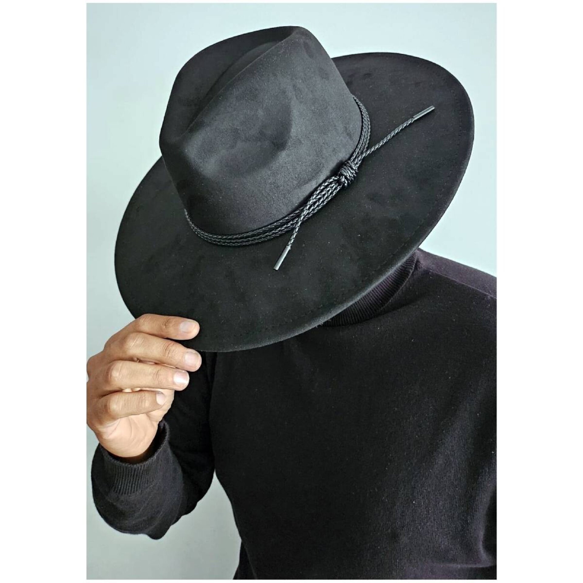 Sombrero de Ala Ancha Cowboy Elegante cinta Trenzada Adulto Unisex Negro - 10