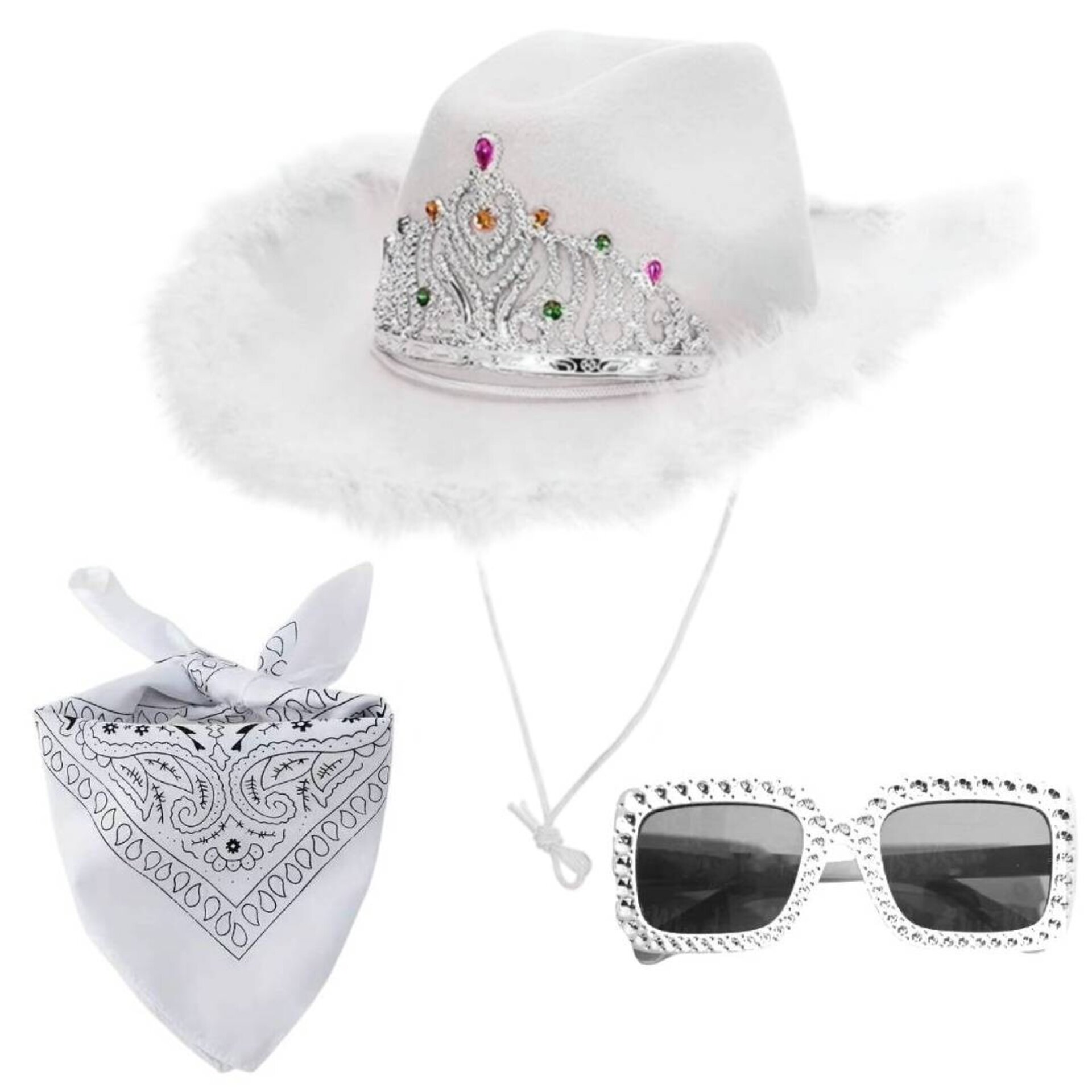 Set Vaquera Sombrero Cowgirl Blanca, Bandana Western y Gafas Fashion - 2