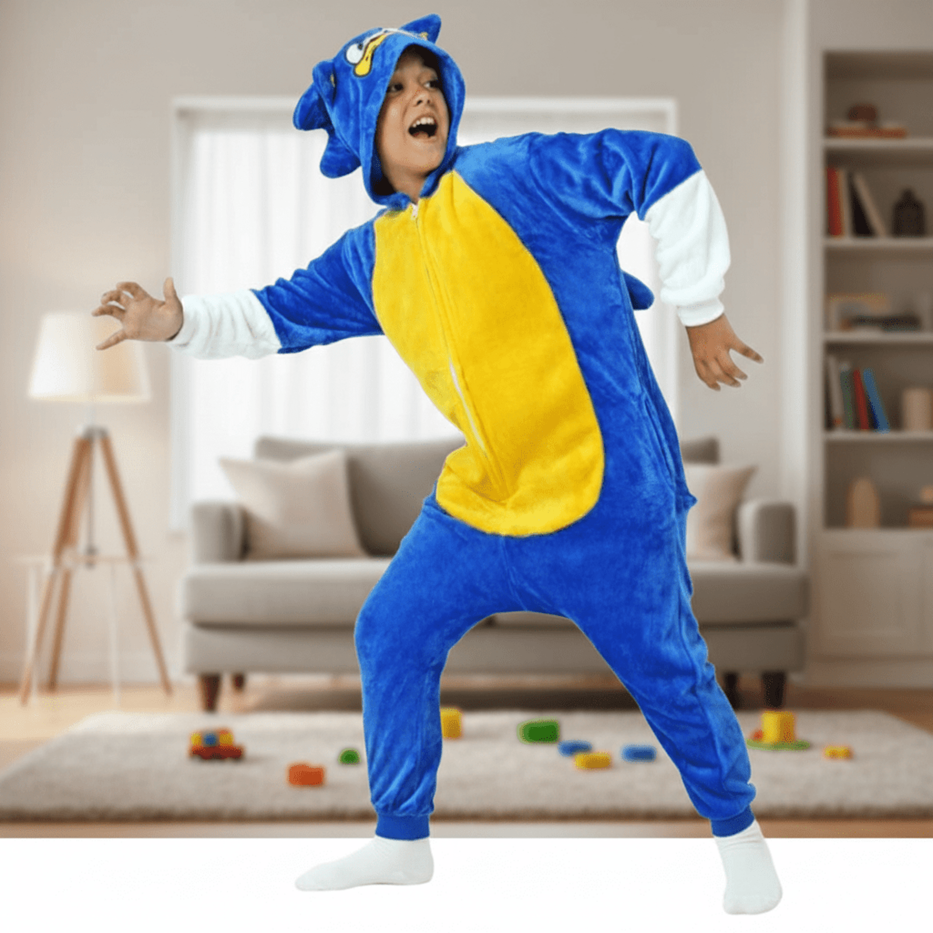 Pijama Mono Enterizo El Erizo Veloz Azul para Niños - Traje de Invierno Caliente - 3