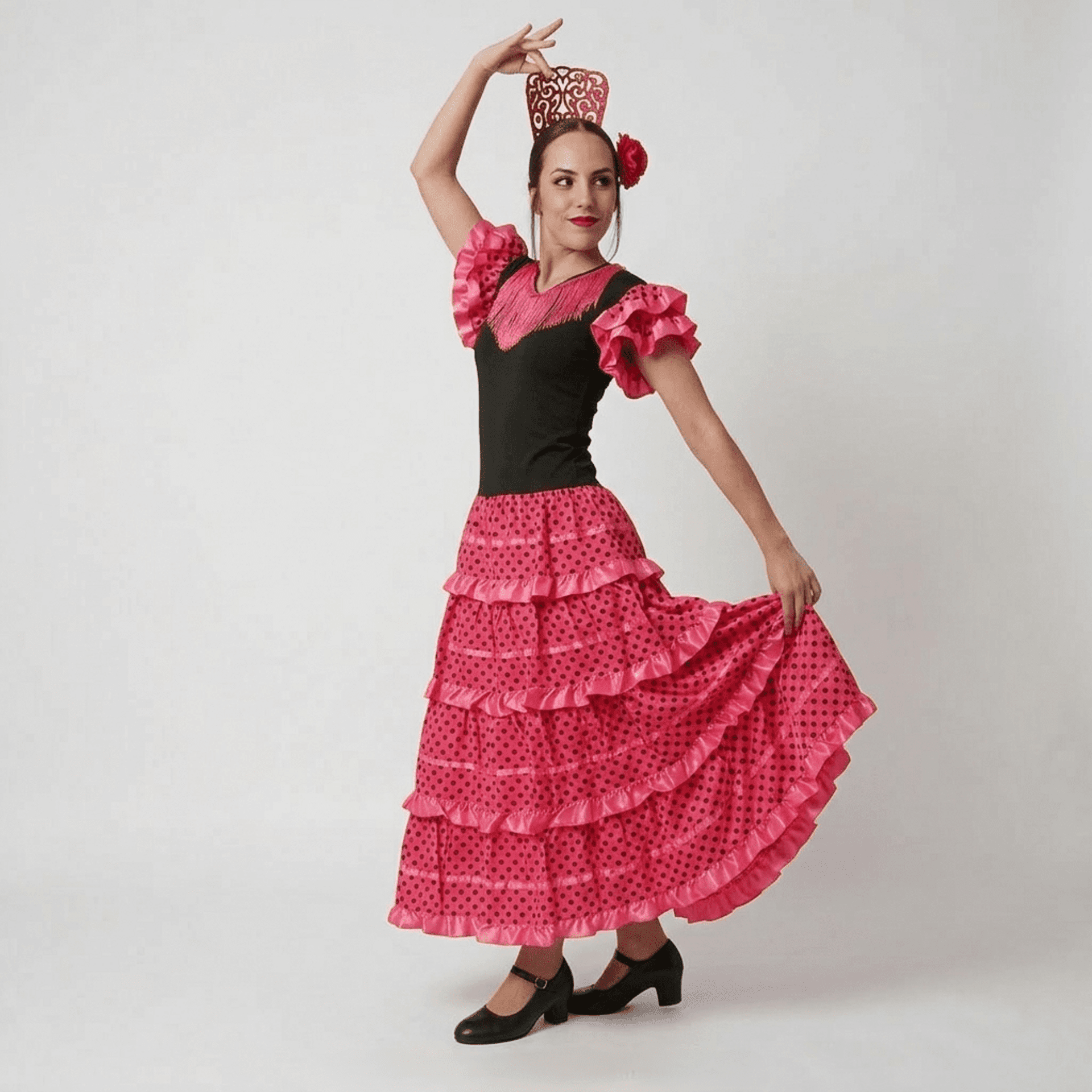 Disfraz de Flamenca Sevillana Mujer Negro y Fucsia con Lunares | Vestido Español - 7