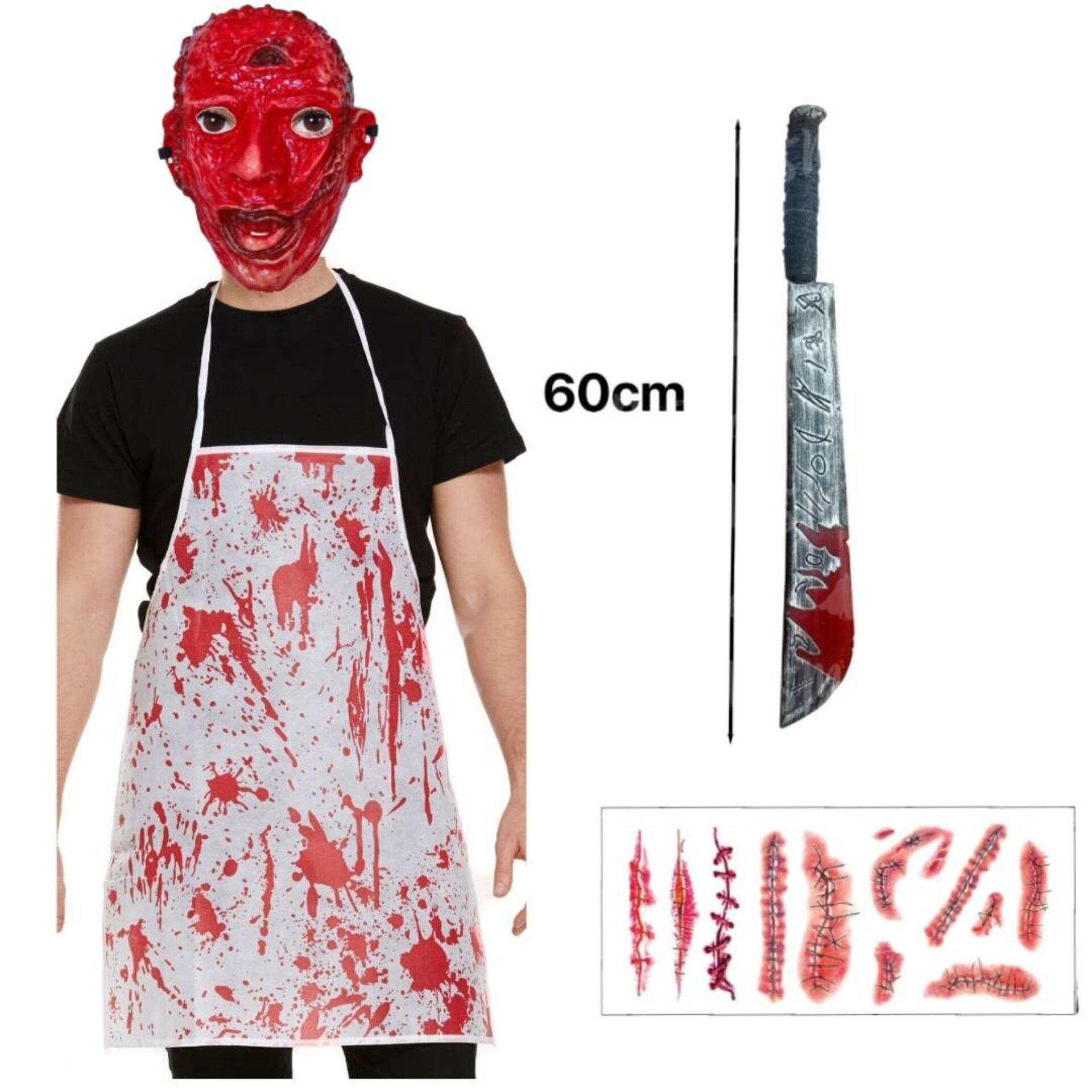 Disfraz Carnicero Sangriento Adulto. Máscara, Delantal, Machete y Heridas - 2