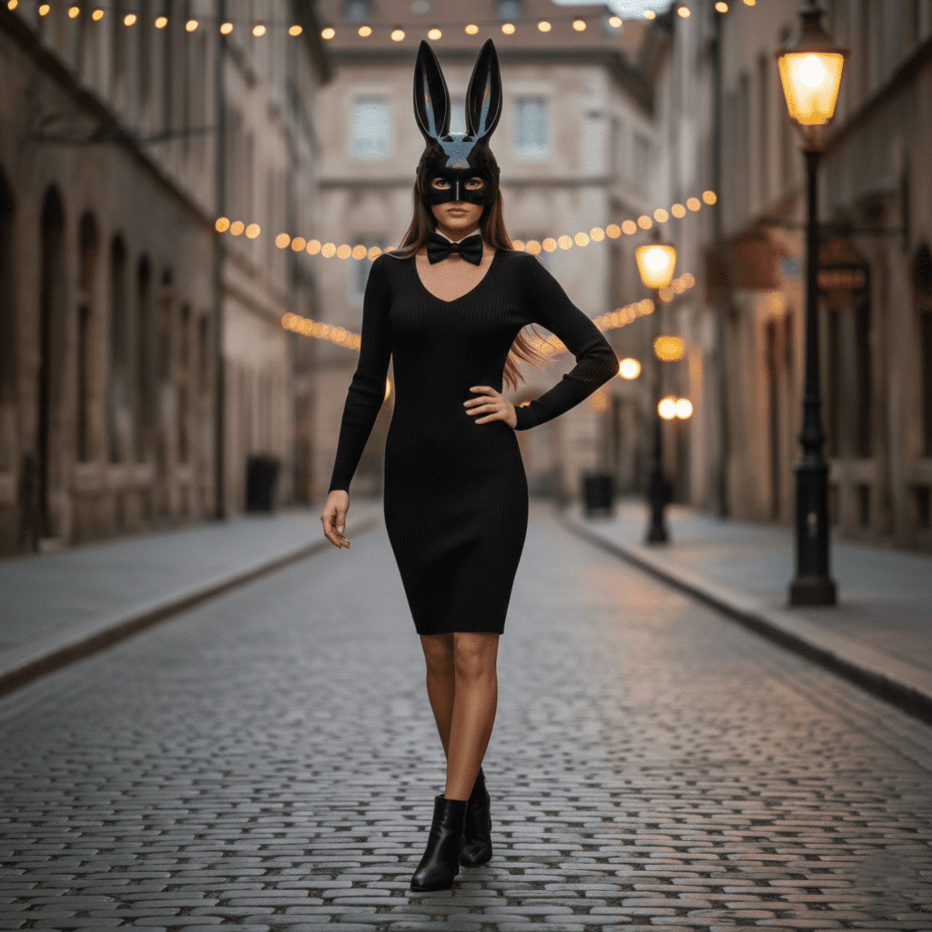 Vestido Negro Corto Disfraz Conejita Sexy con Máscara y Pajarita para Halloween - 4