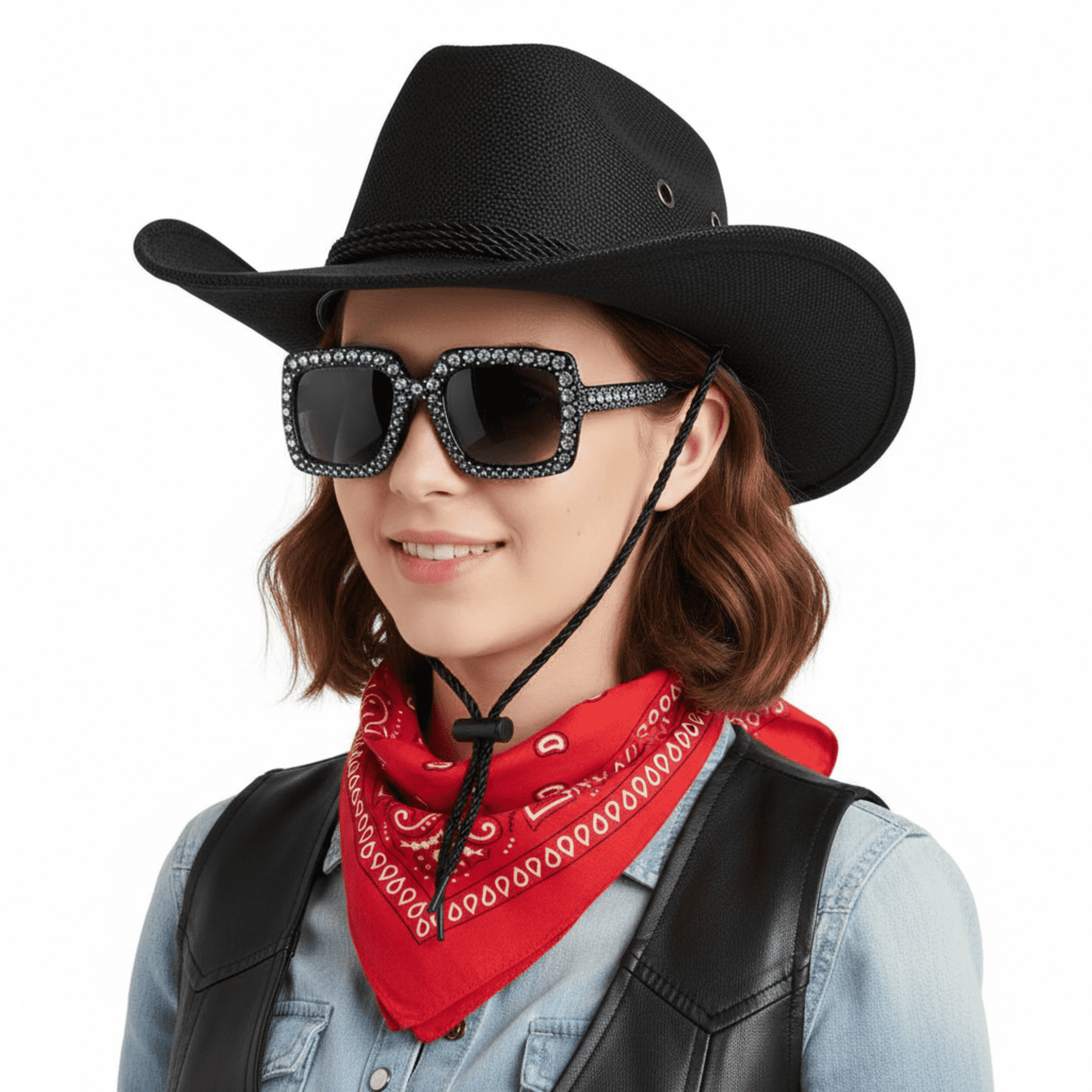 Pack Cowboy Premium Unisex - Sombrero Vaquero Ajustable, Gafas de sol y Bandana - 12