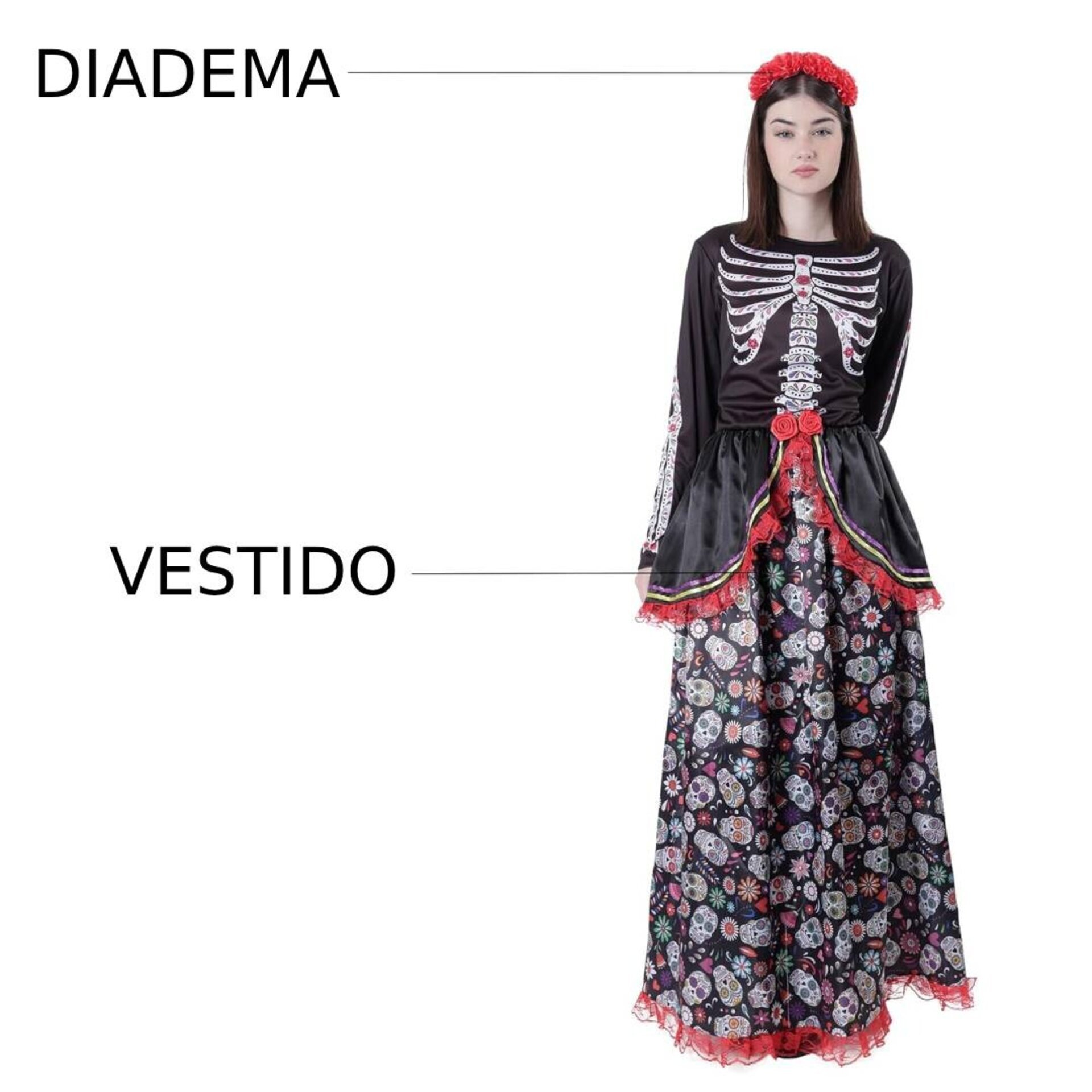 Disfraz de Catrina para Mujer Adulto - Vestido Largo Calaveras y Diadema de Flor - 5