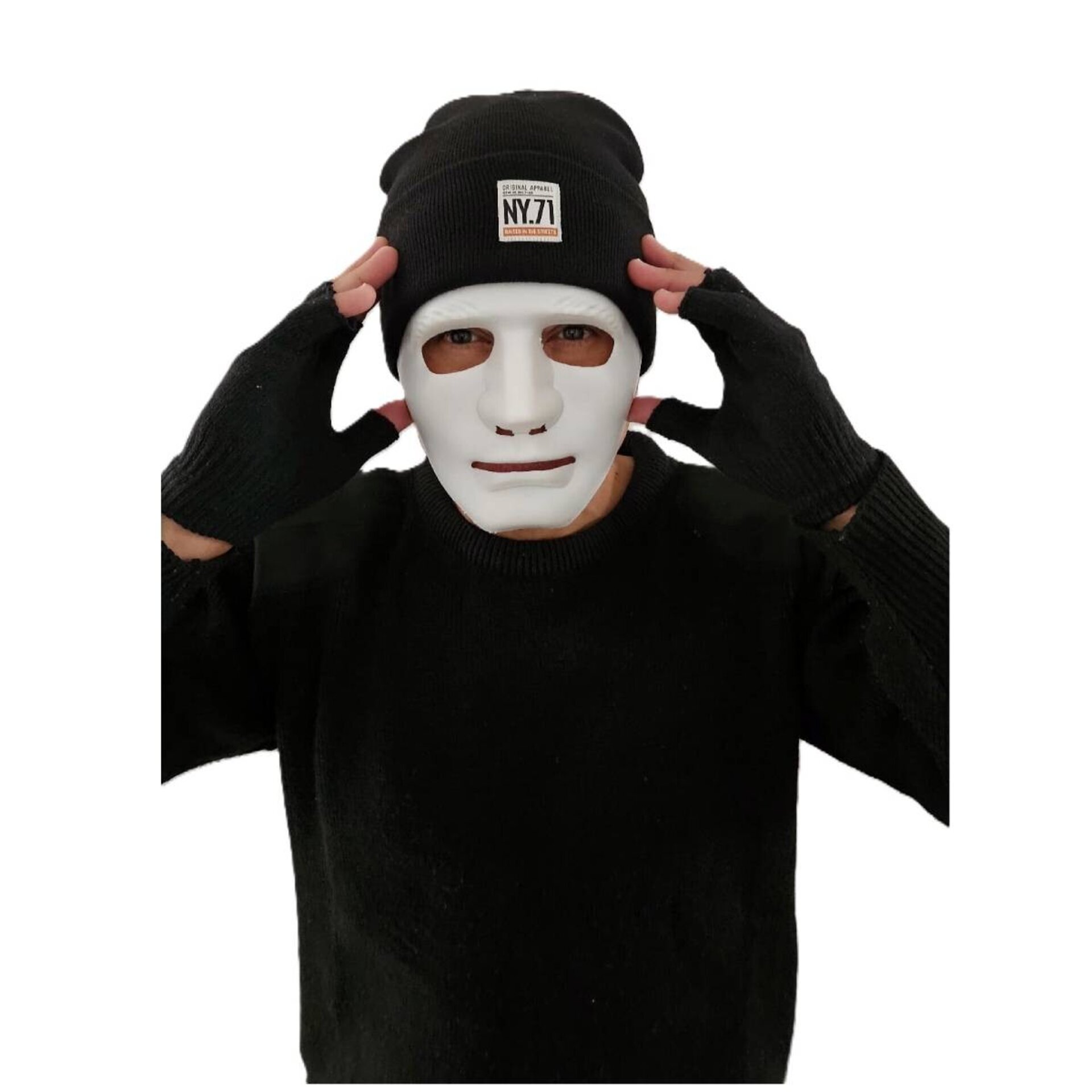 Set Disfraz Ladrón Hacker Hip Hop | Máscara Blanca, Gorro Negro, Guantes | - 5
