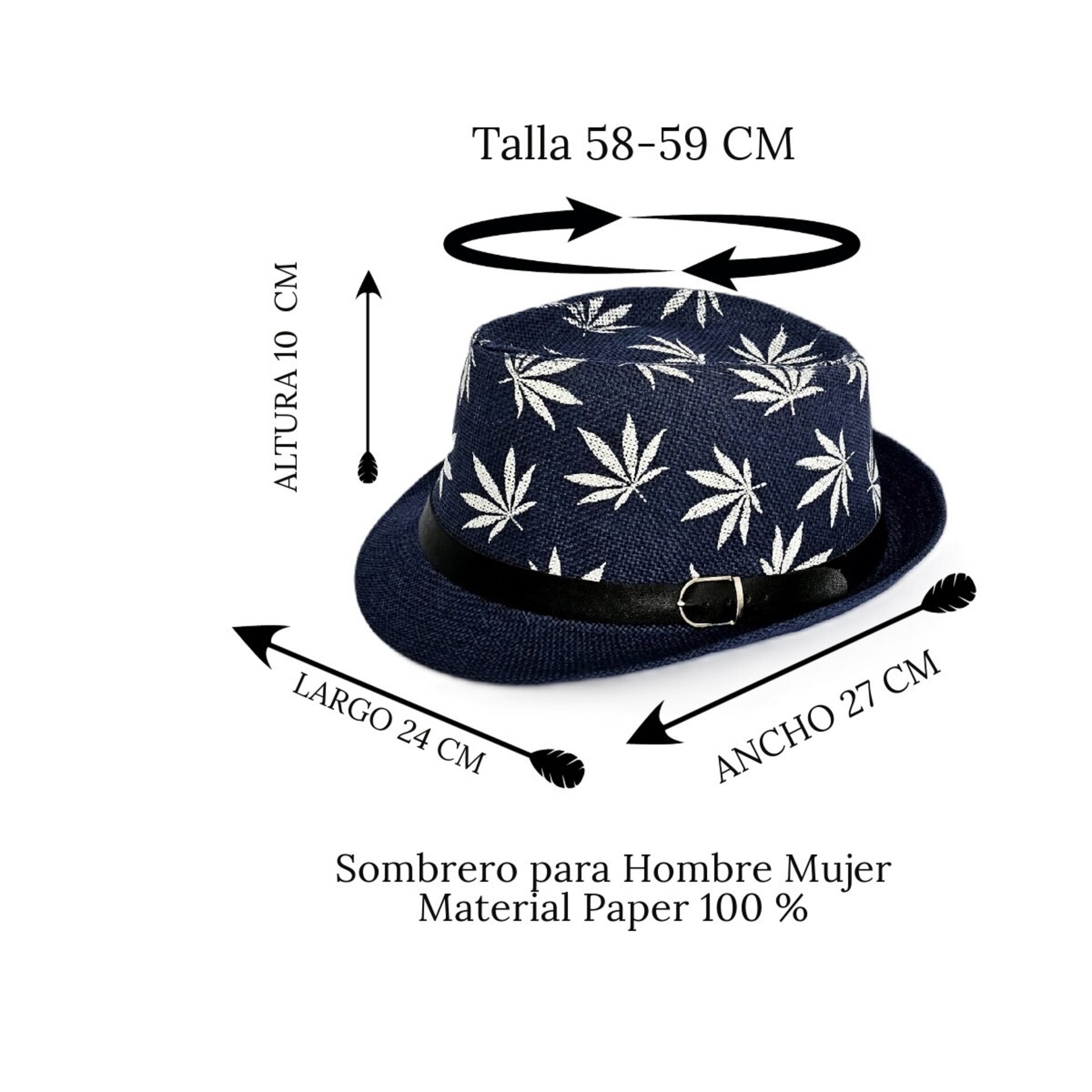 Sombrero Trilby Fedora Clásico Gorro Azul Estampado Paja de Papel Adulto M/L - 6