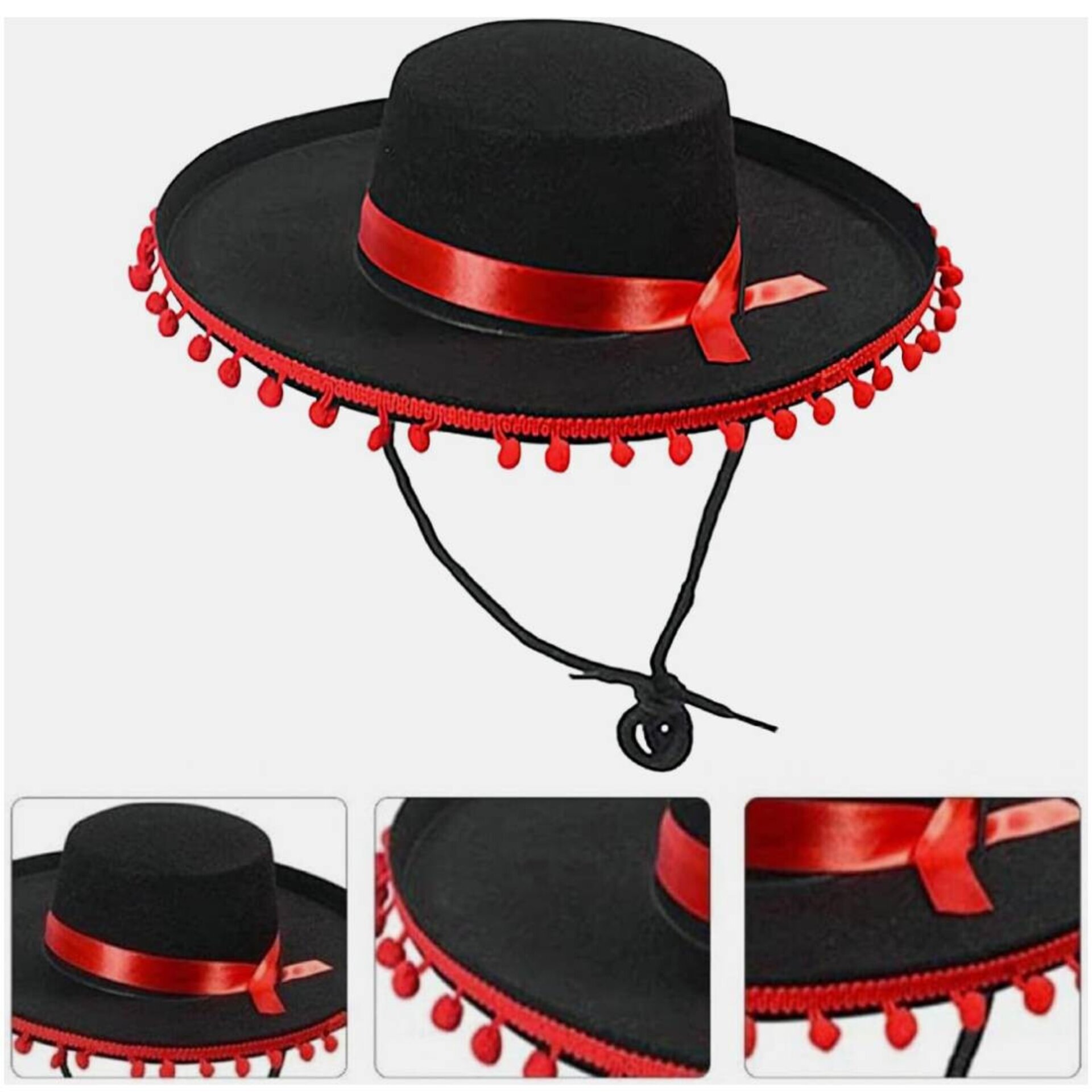 Sombrero Cordobés con Madroños y Cinta Roja - Gorro Ajustable para Niños Adultos - 5