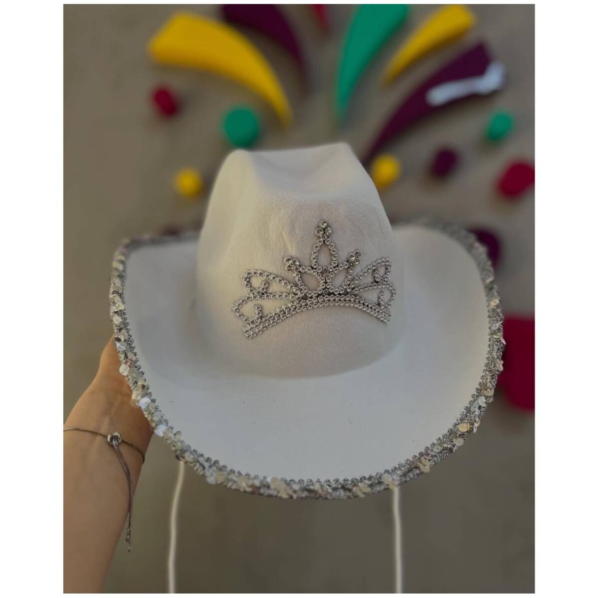 Sombrero Cowboy Vaquera con Lentejuelas, Corona Plata para Adulto Mujer - 7