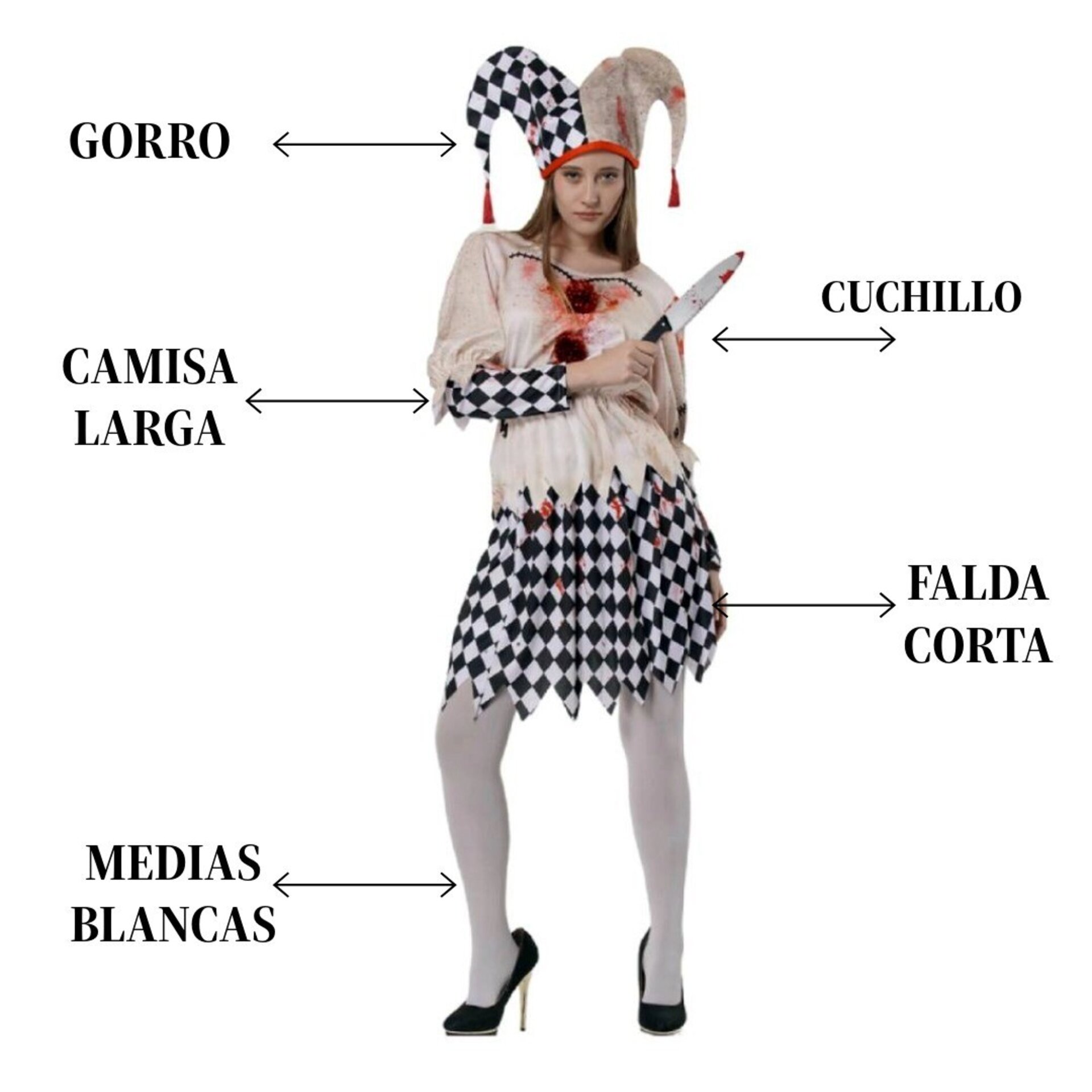 Disfraz Arlequín Sangriento Bufón Mujer Vestido Payasa Asesina Payaso Terror - 2
