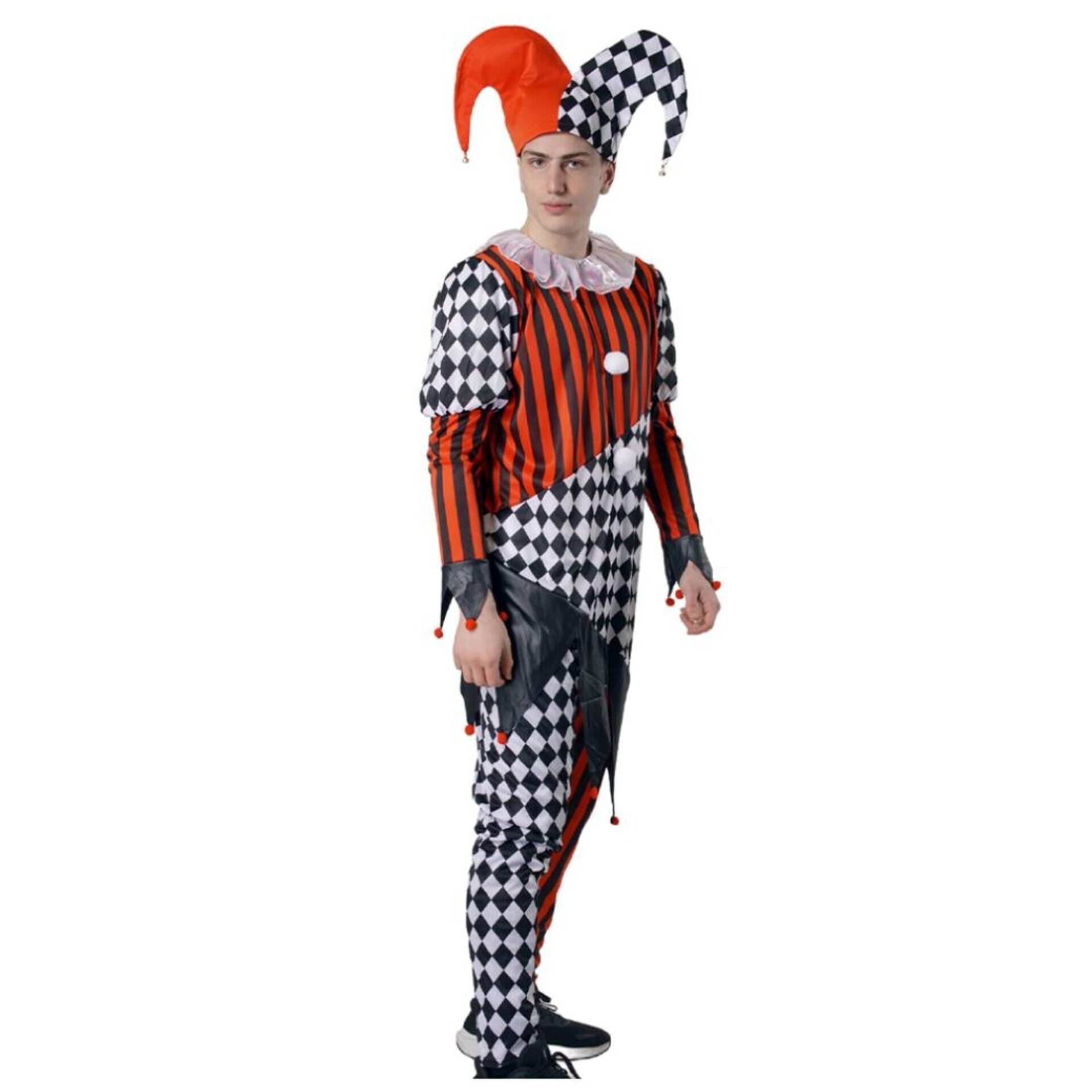 Disfraz Payaso Arlequín Circo Bufón Hombre Mono y Gorro Estampado Rombos - 4