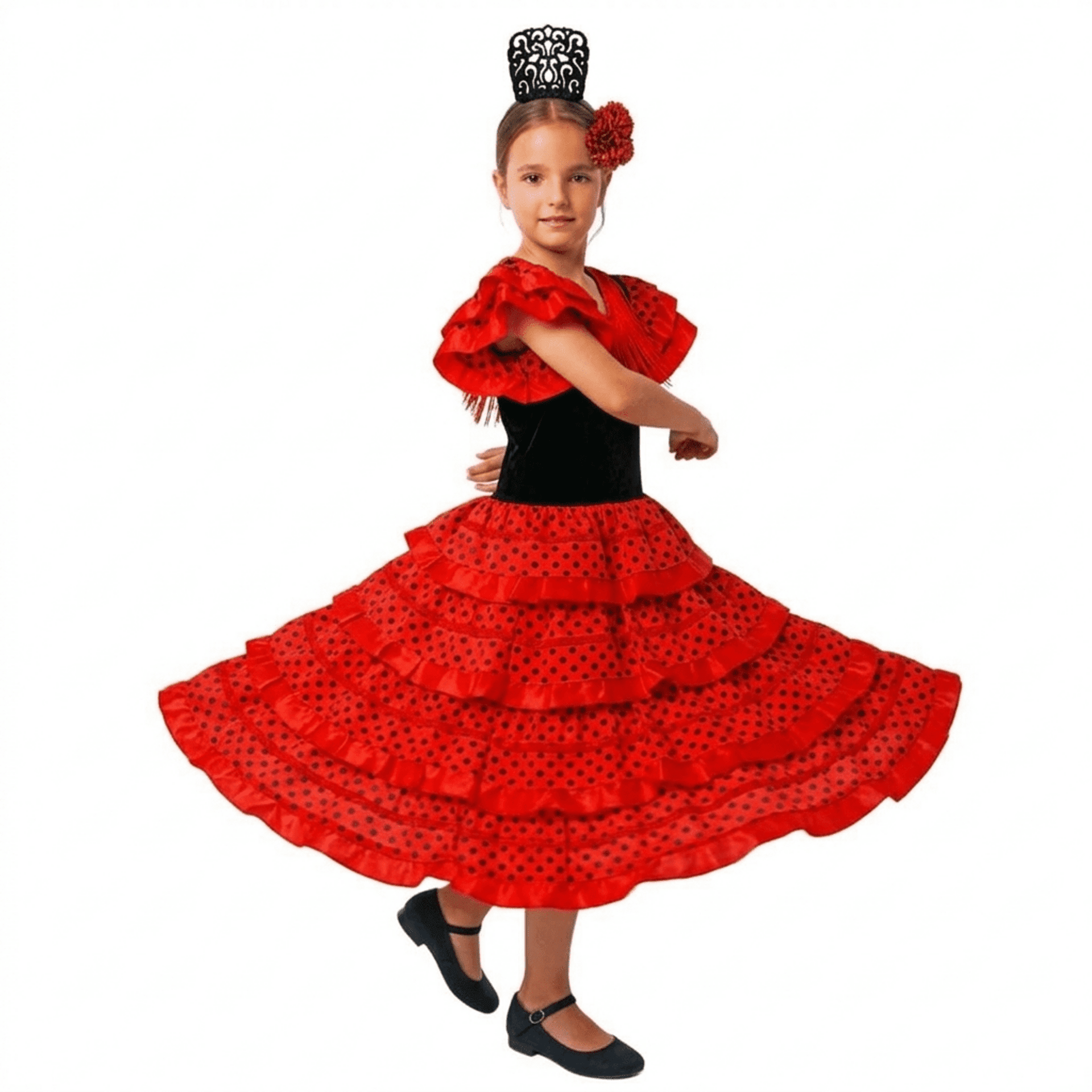 Disfraz de Flamenca para Niña - Vestido Sevillana con Volantes Rojos y Lunares - 1