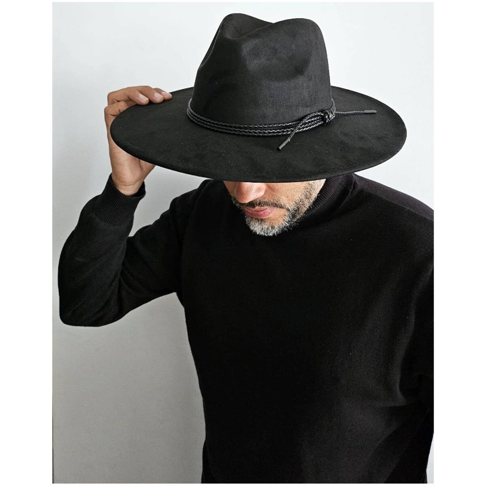 Sombrero de Ala Ancha Cowboy Elegante cinta Trenzada Adulto Unisex Negro - 6