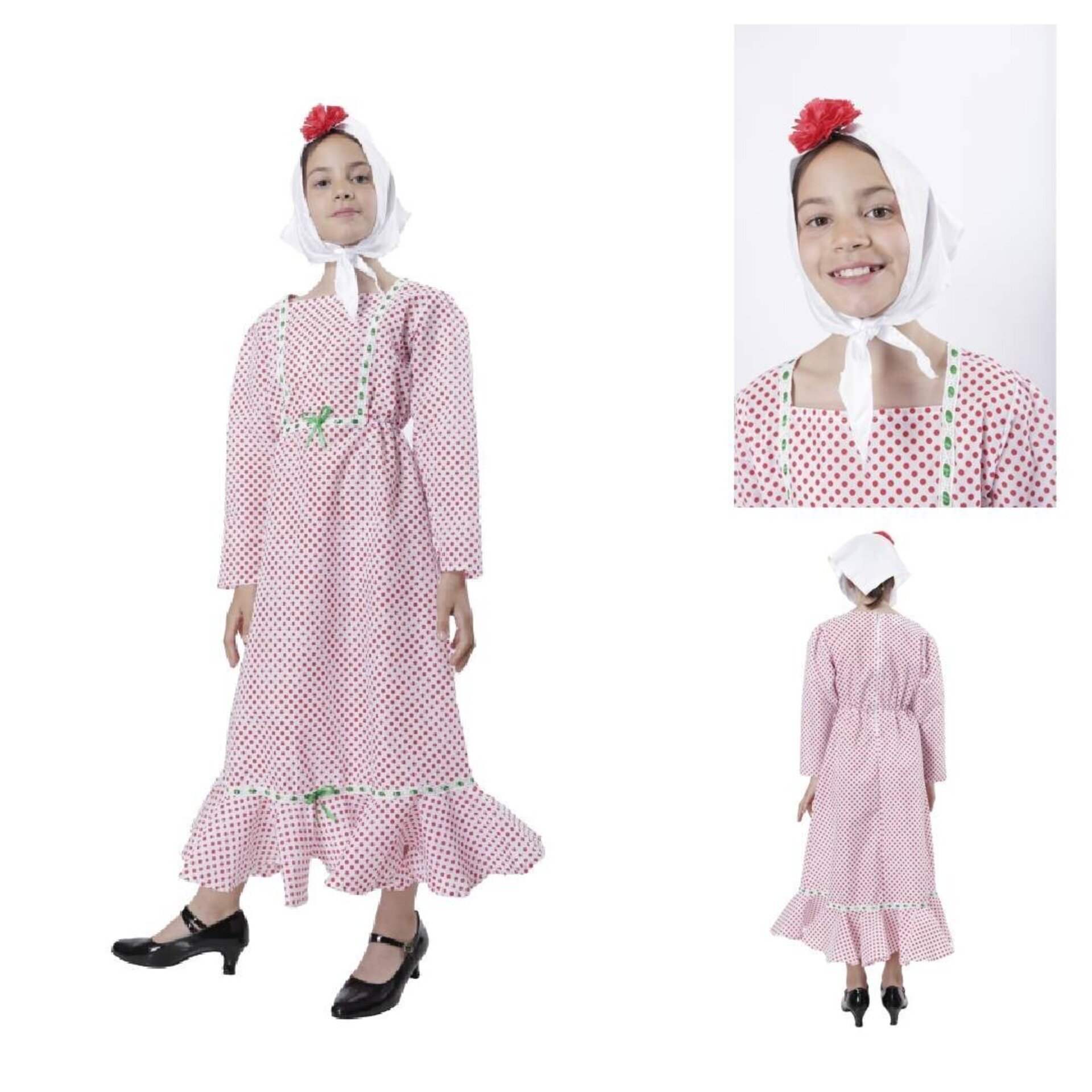 Vestido Chulapa Disfraz Madrileña con Pañuelo, Flor roja San Isidro para niñas - 4