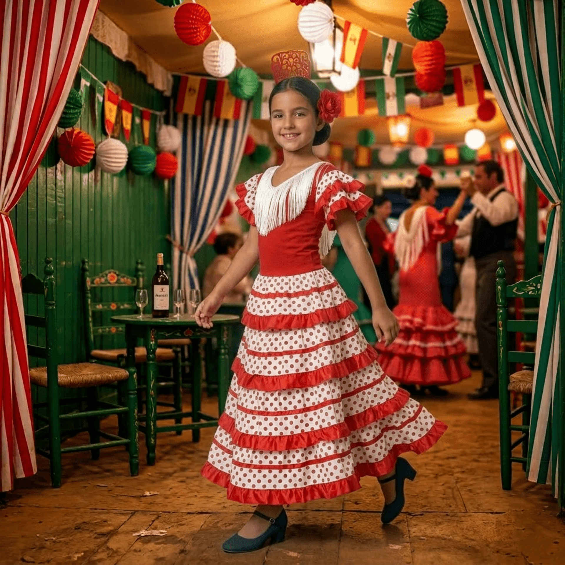 Traje de Flamenca Niña Rojo y Blanco con Lunares - Vestido de Sevillana Infantil - 7