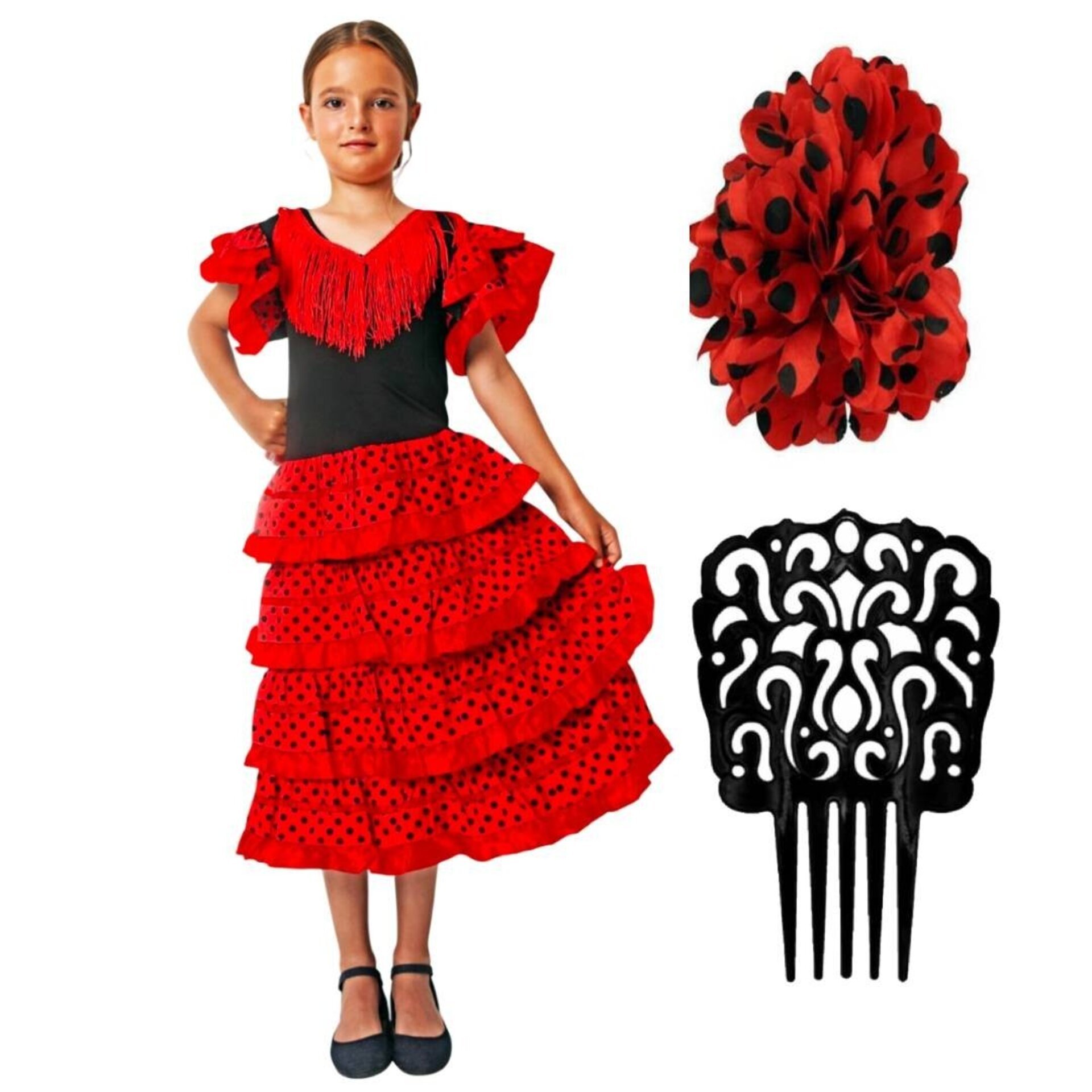 Disfraz de Flamenca para Niña - Vestido Sevillana con Volantes Rojos y Lunares - 3