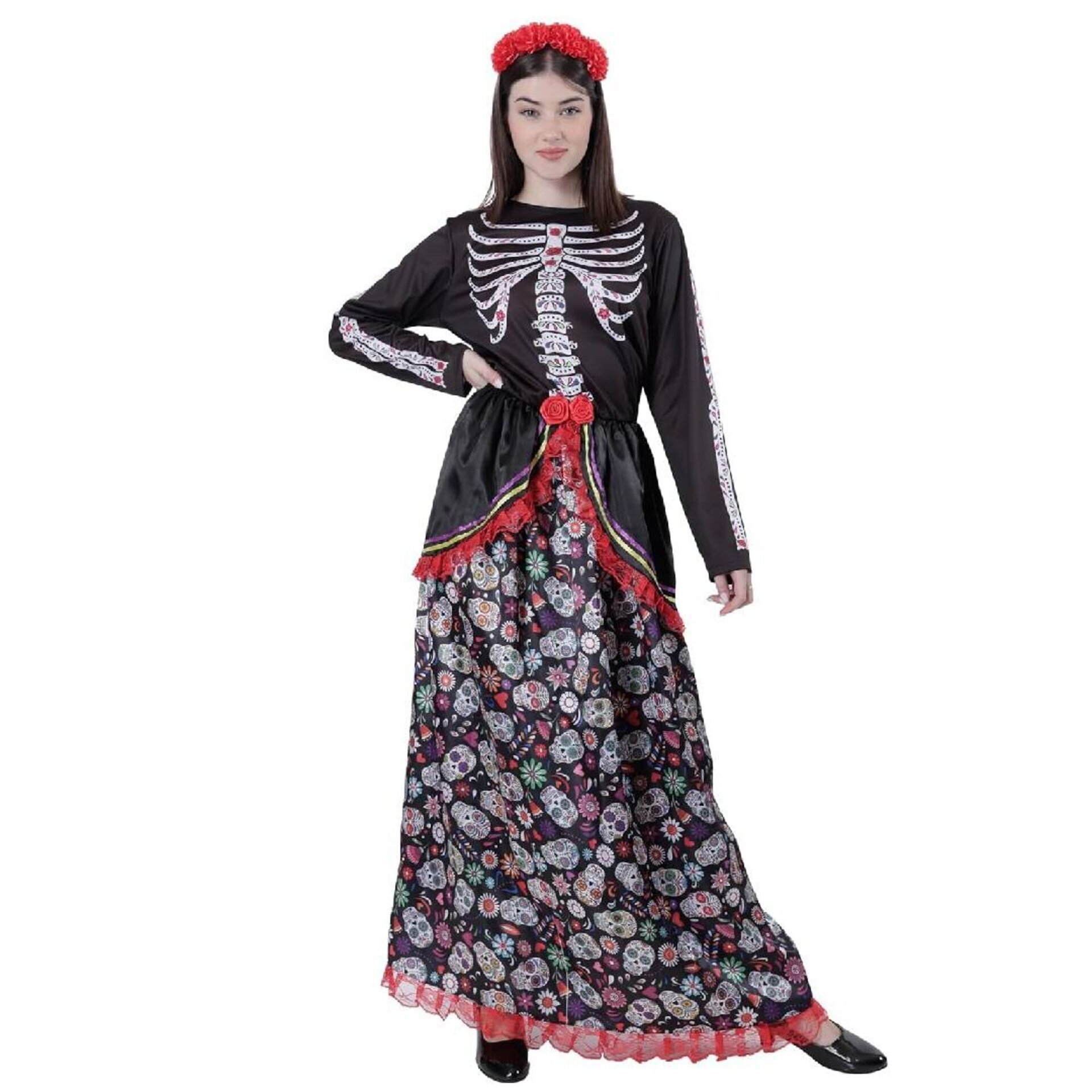 Disfraz de Catrina para Mujer Adulto - Vestido Largo Calaveras y Diadema de Flor - 4