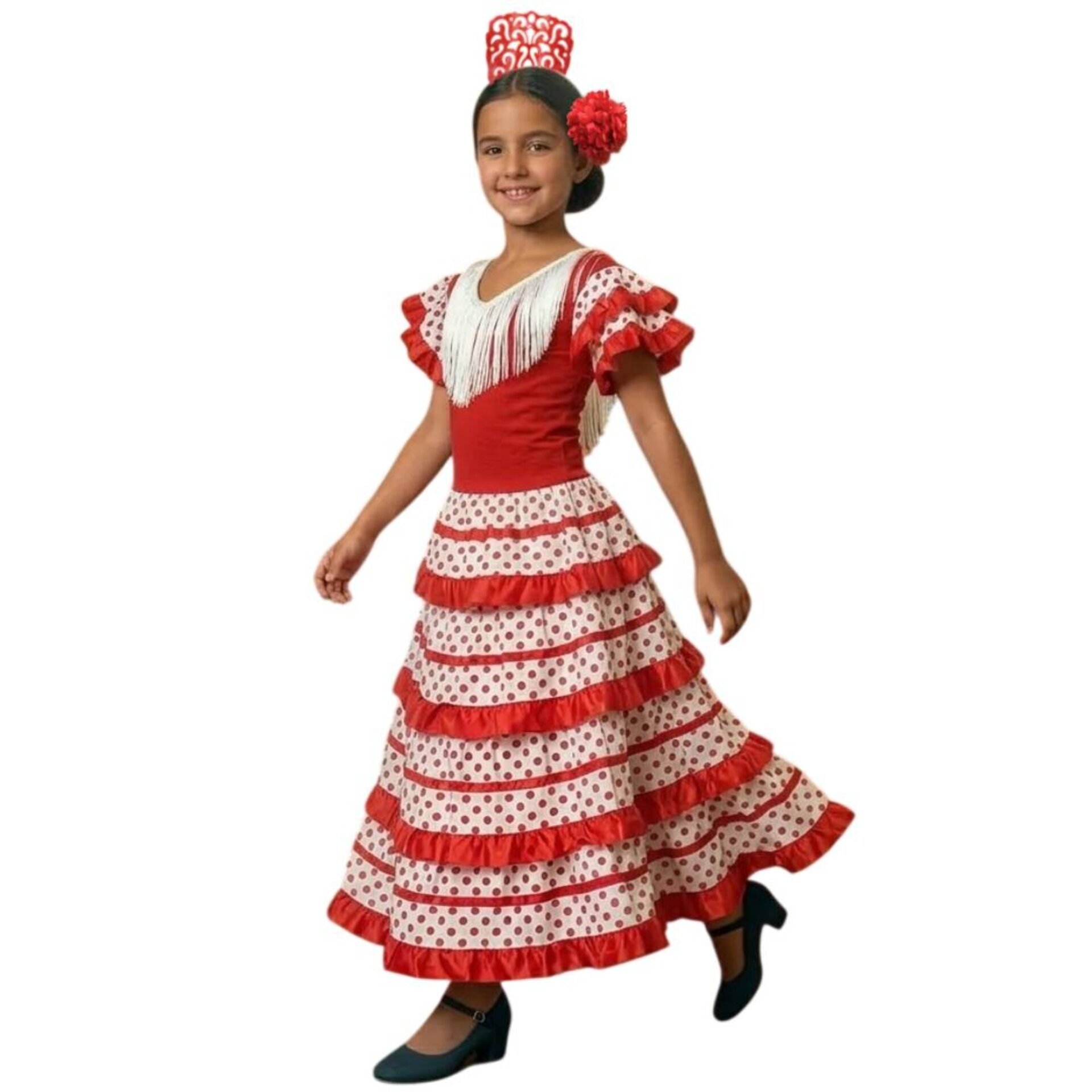 Traje de Flamenca Niña Rojo y Blanco con Lunares - Vestido de Sevillana Infantil - 5