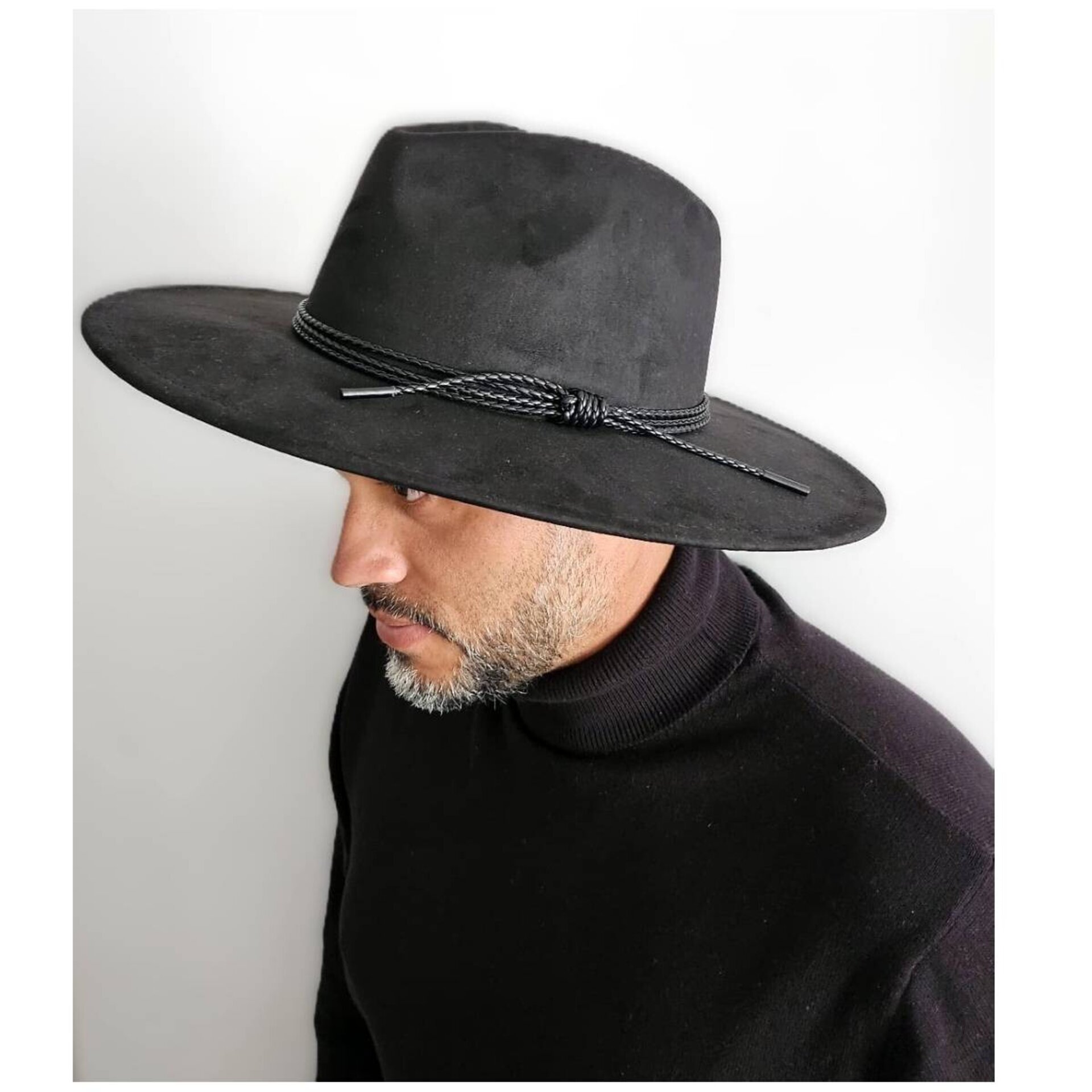 Sombrero de Ala Ancha Cowboy Elegante cinta Trenzada Adulto Unisex Negro - 5