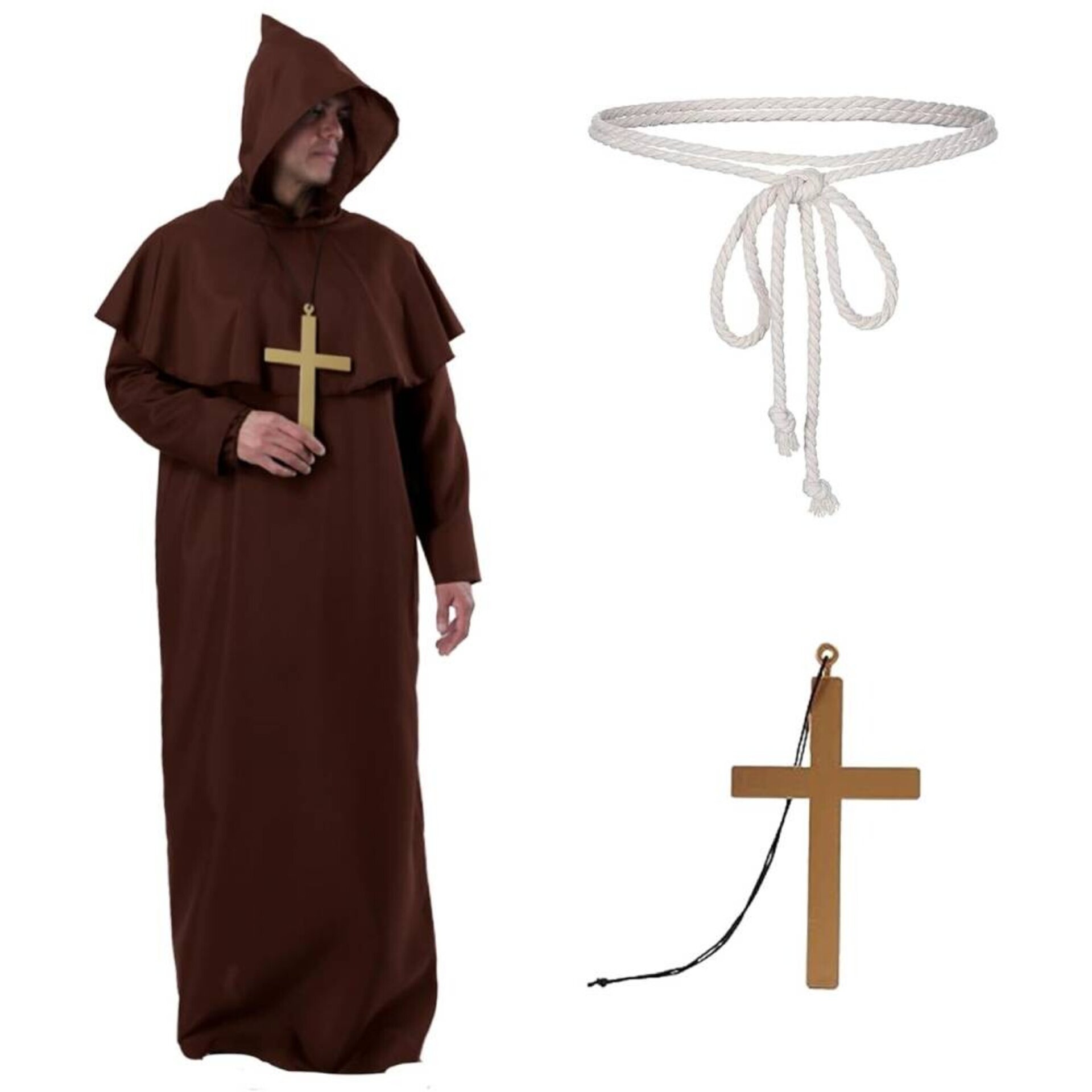 Disfraz Monje Marrón Sacerdote Adulto | Túnica Medieval Capucha Cruz Cinturón - 1